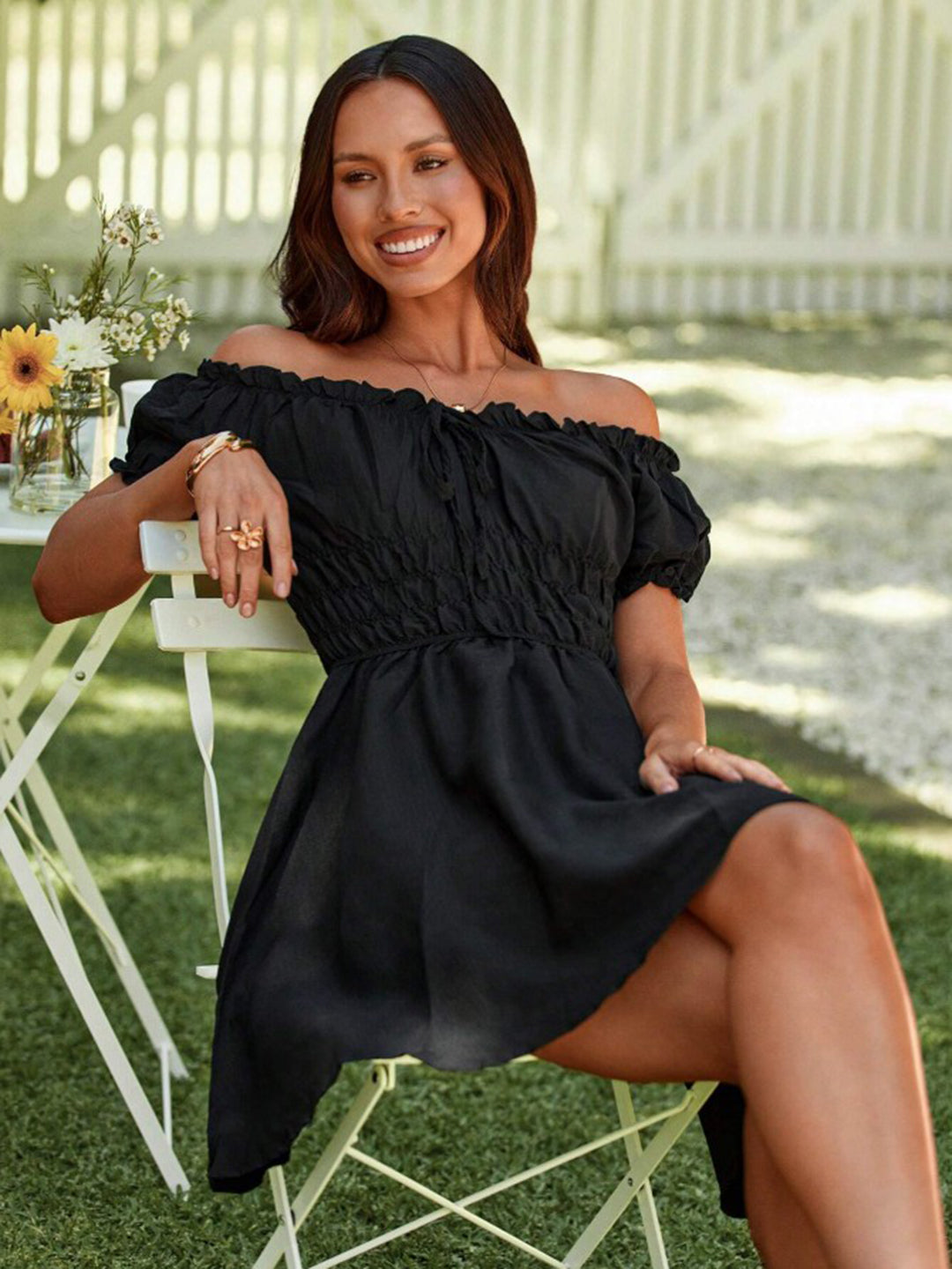 Berrylush Women Black Solid Off-Shoulder A-line Mini Dress