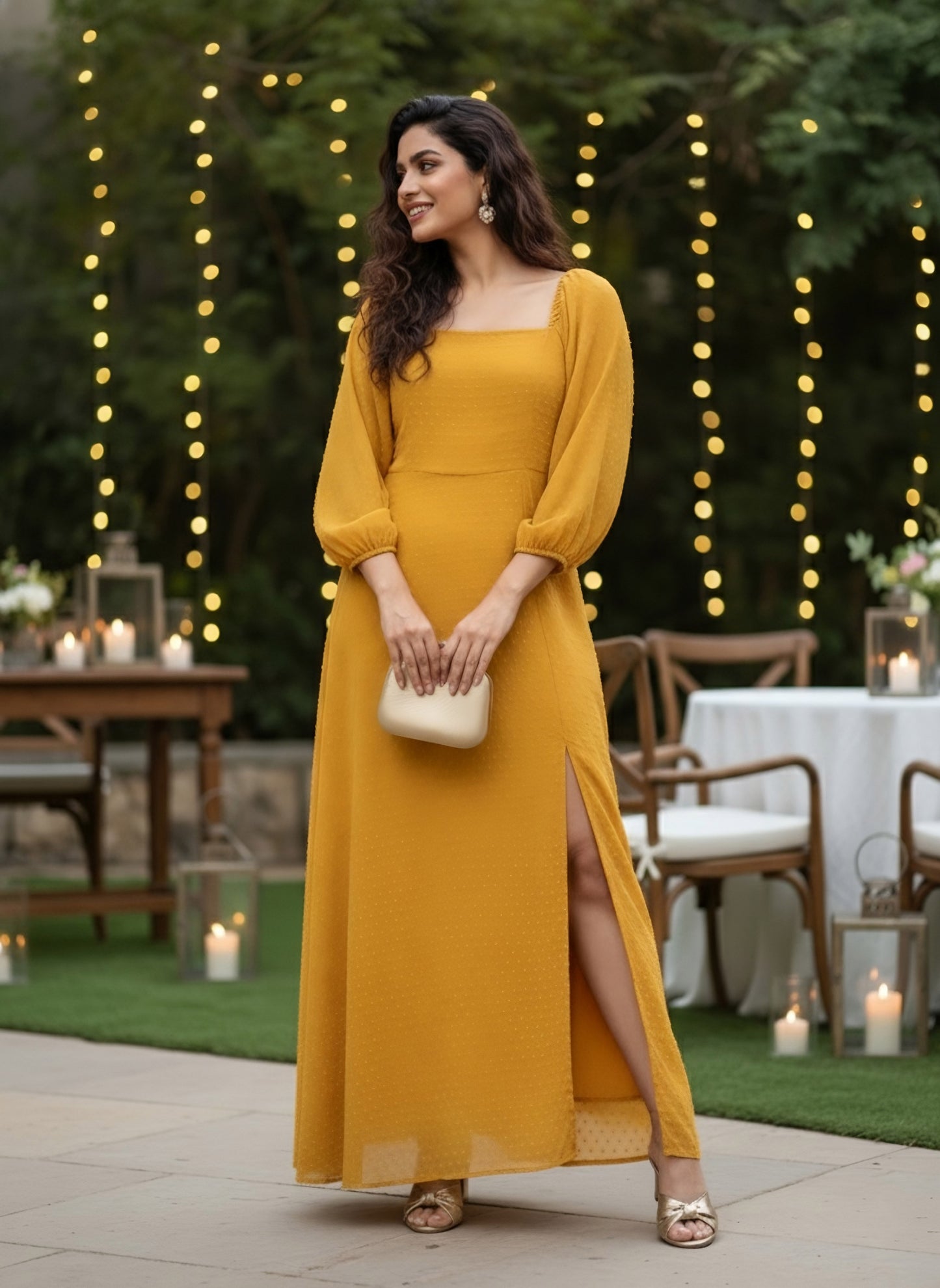 Berrylush Women Mustard Yellow Self-Design Patterned Puff Sleeves Maxi Dress