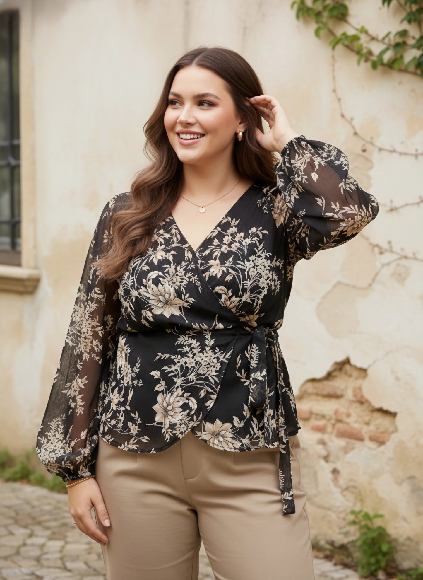 Berrylush Women Plus Size Black & White Floral Printed V-Neck Bishop Sleeve Side Tie-Up Georgette Wrap Regular Top