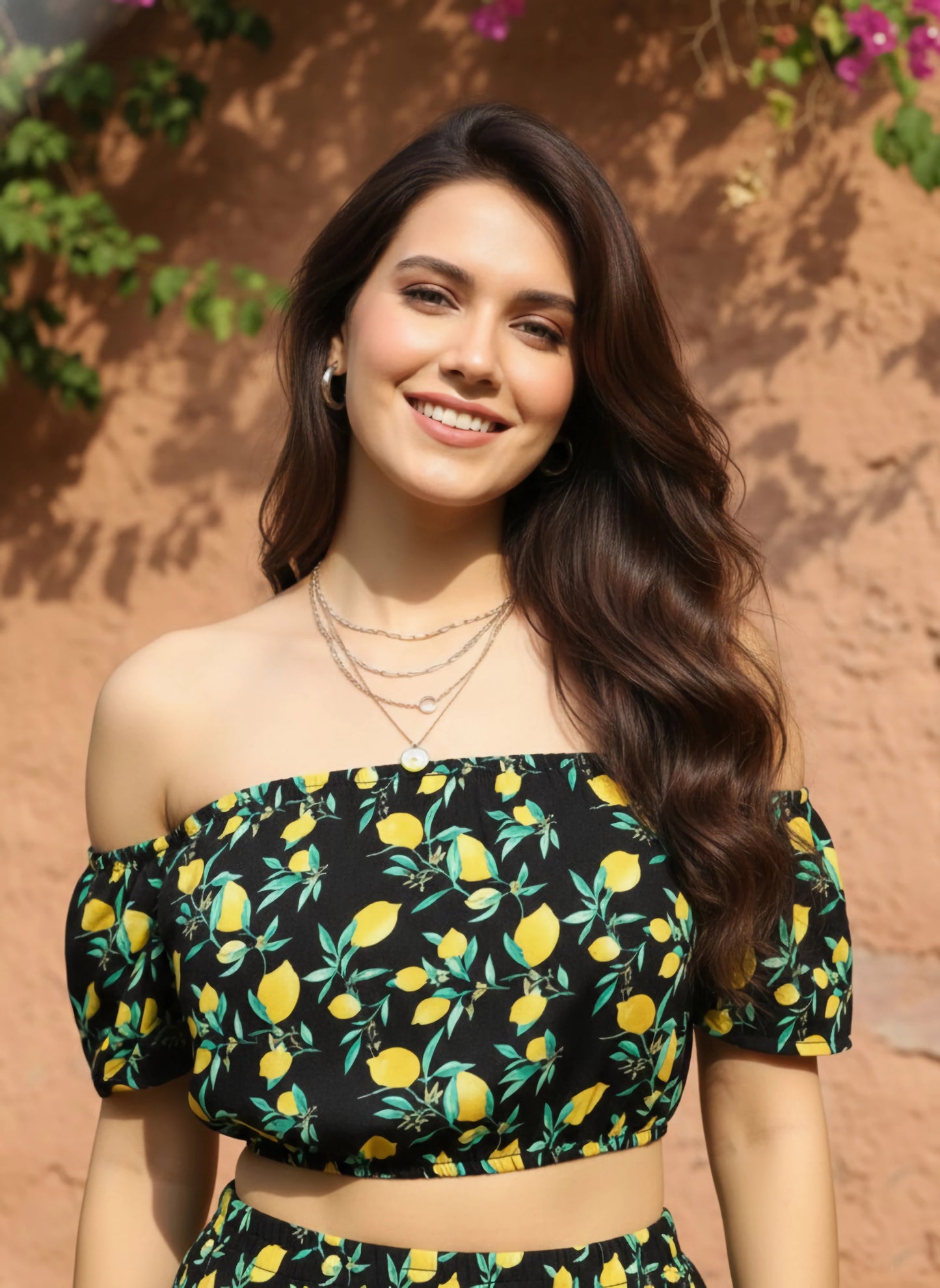 Berrylush Women Black & Yellow Floral Printed Off-Shoulder Neck Elastic Waist Crop Top & Shorts Co-Ordinate Set