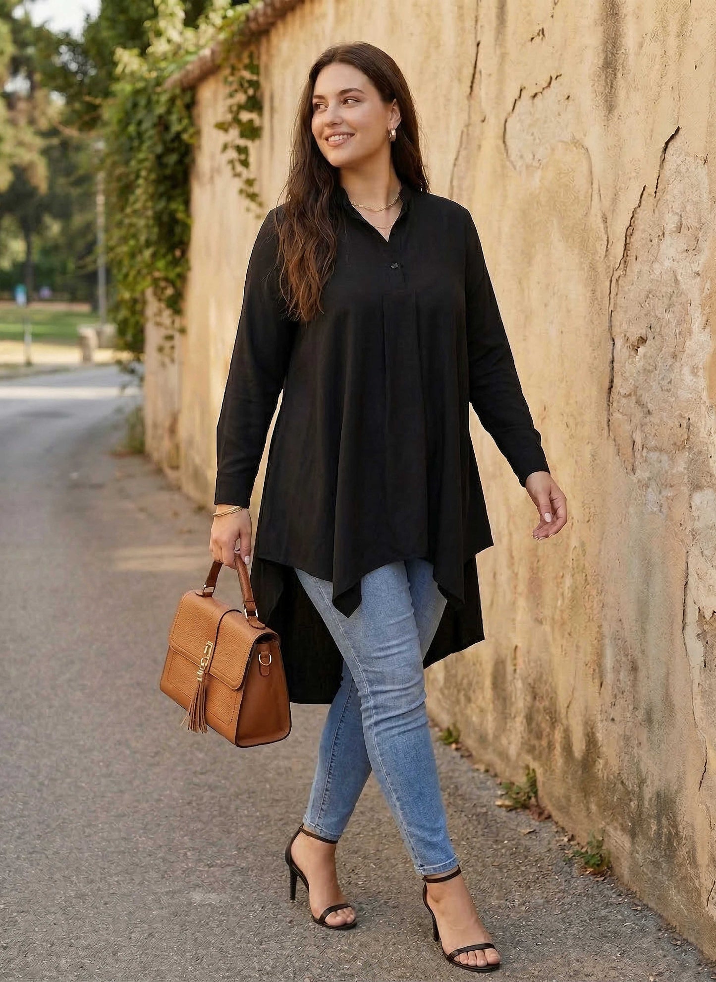 Plus Size Solid Black Mandarin Collar Neck Flutter Sleeve Crepe Button-Up High-Low Hem Longline Top