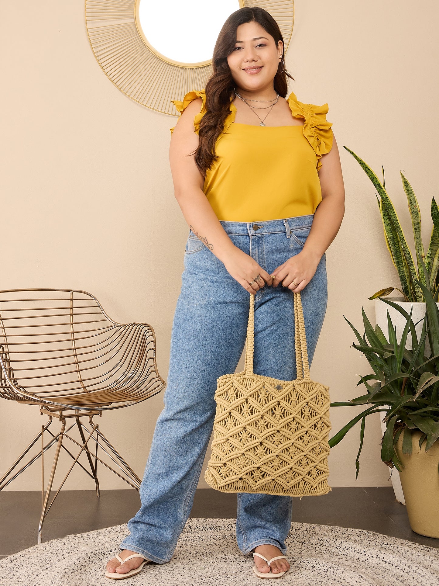 Berrylush Curve Women Solid Yellow Square Neck Sleeveless Straight Hem Ruffled Regular Top