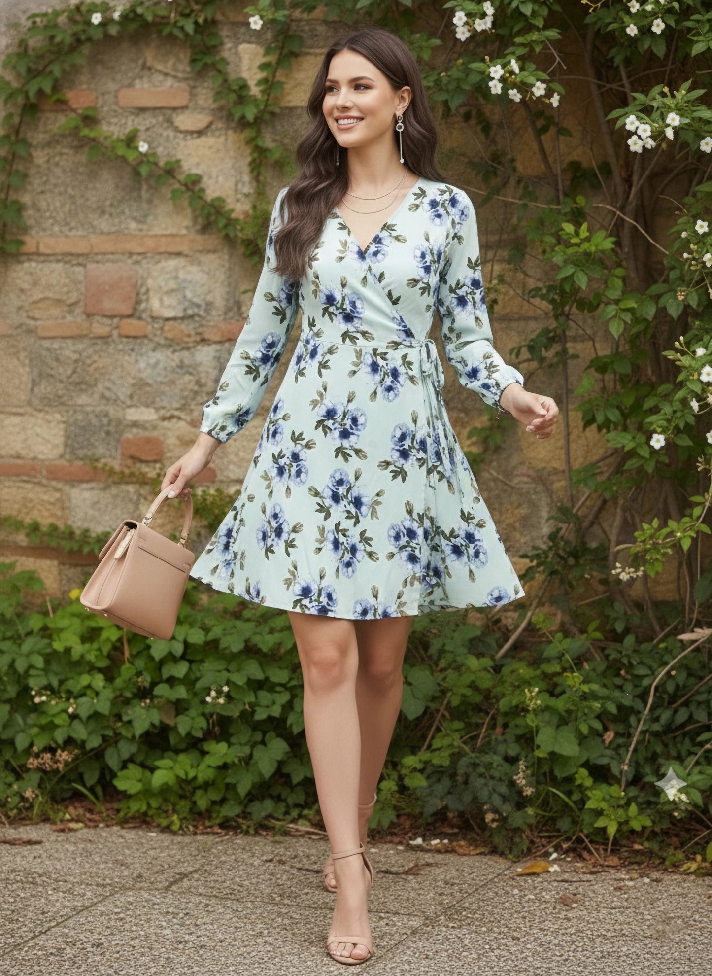 Berrylush Women Green Floral Printed A-Line Wrap Dress