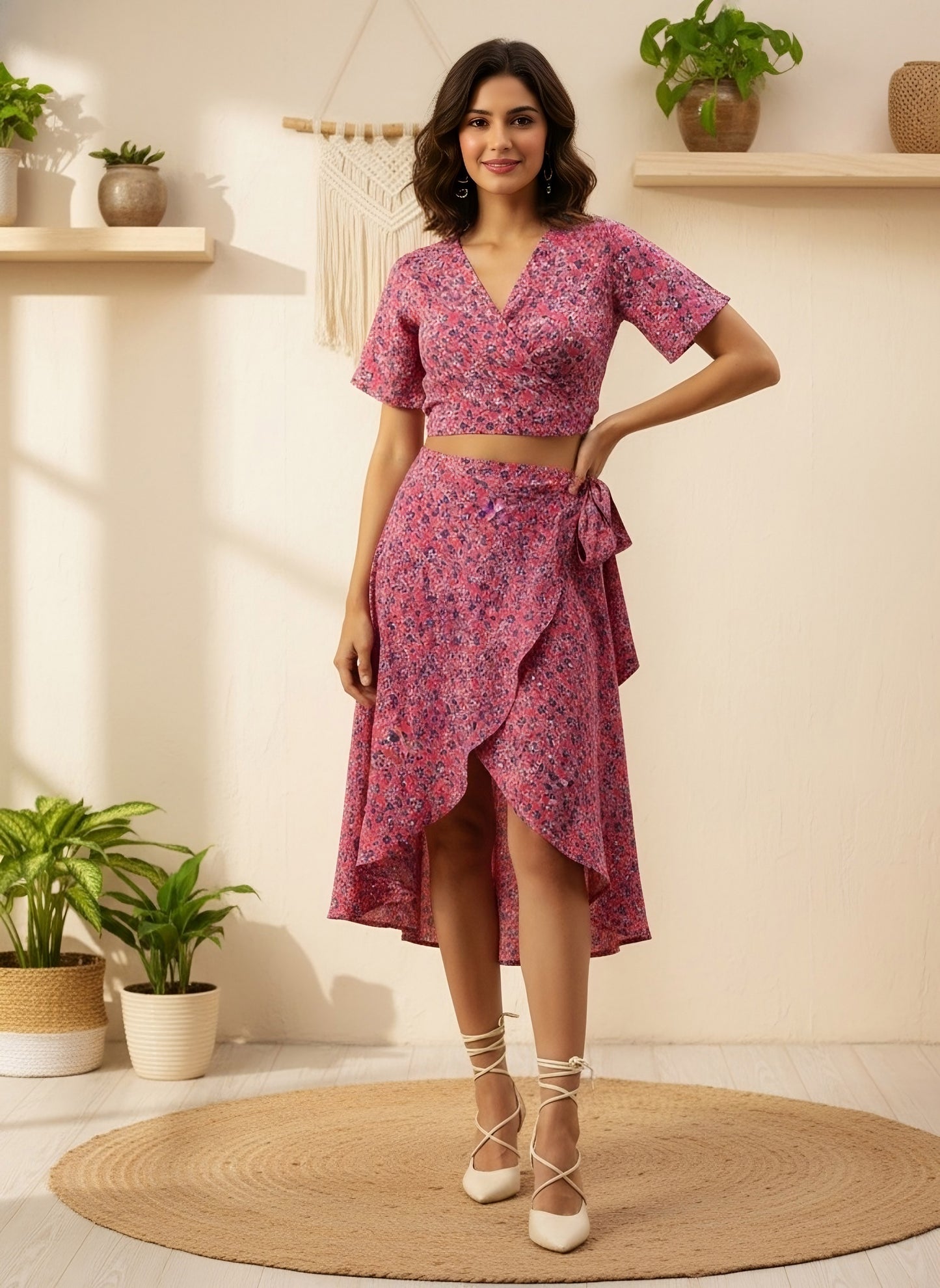 Berrylush Women Pink V-Neck Floral Printed Mini Dress