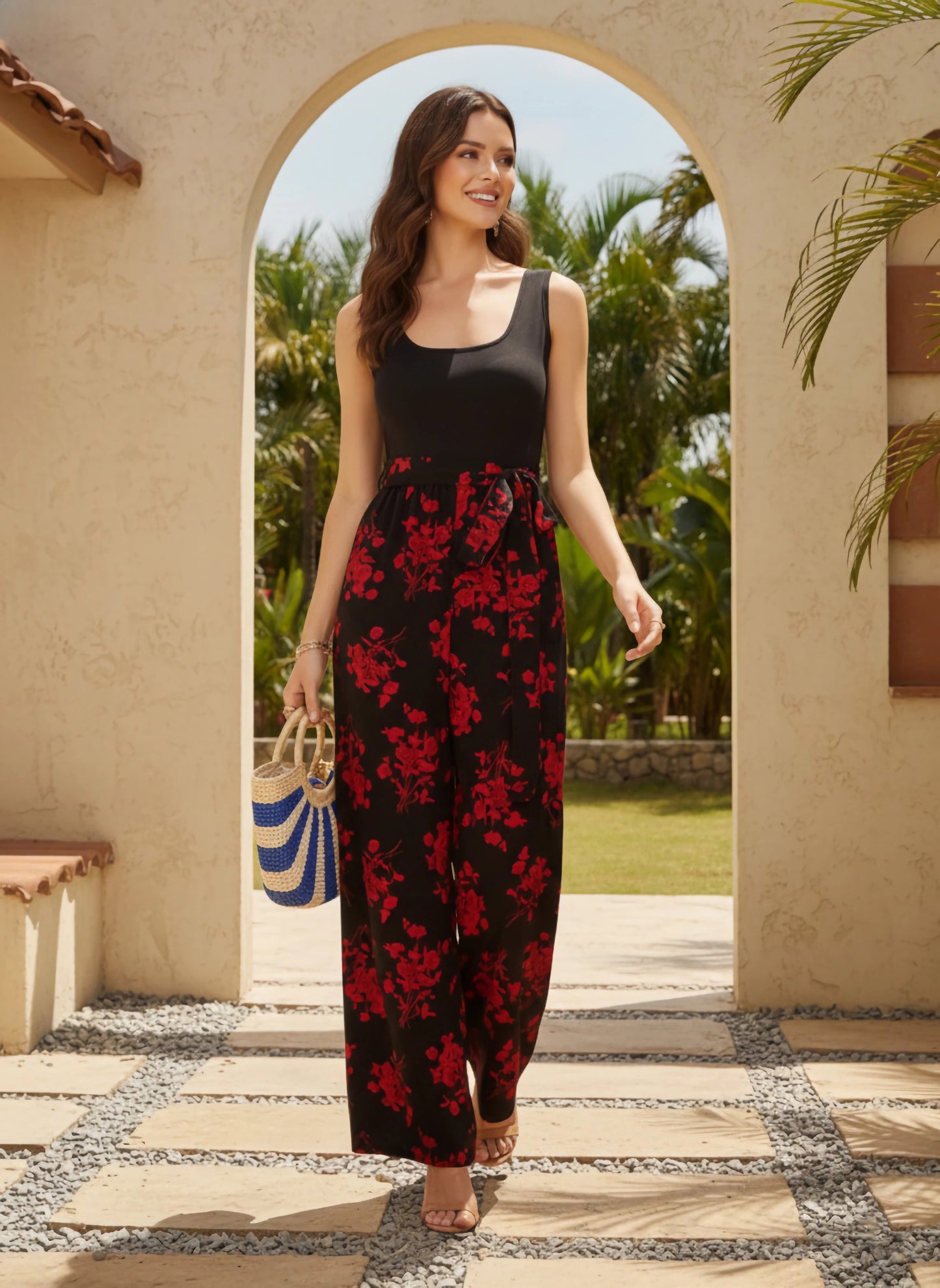 Berrylush Women Black & Red Floral Printed Scoop Neck Sleeveless Tie-Up Waist Flared Maxi Culotte Jumpsuit