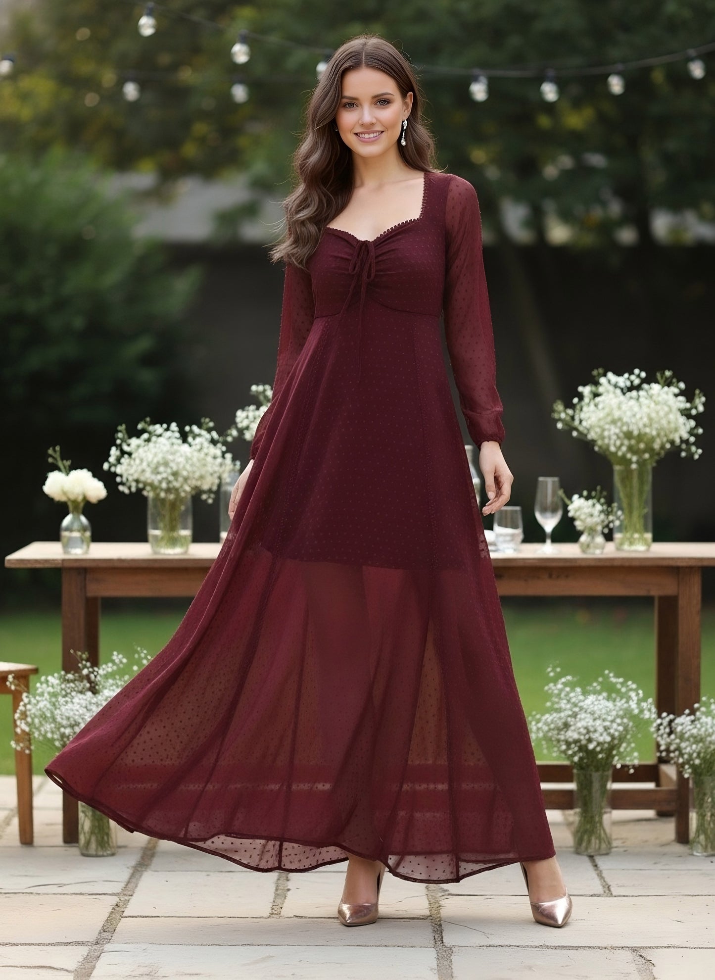 Berrylush Women Solid Maroon Dobby Weave Sweetheart Neck Tie-Up Backless Georgette Layered Fit & Flare Maxi Dress