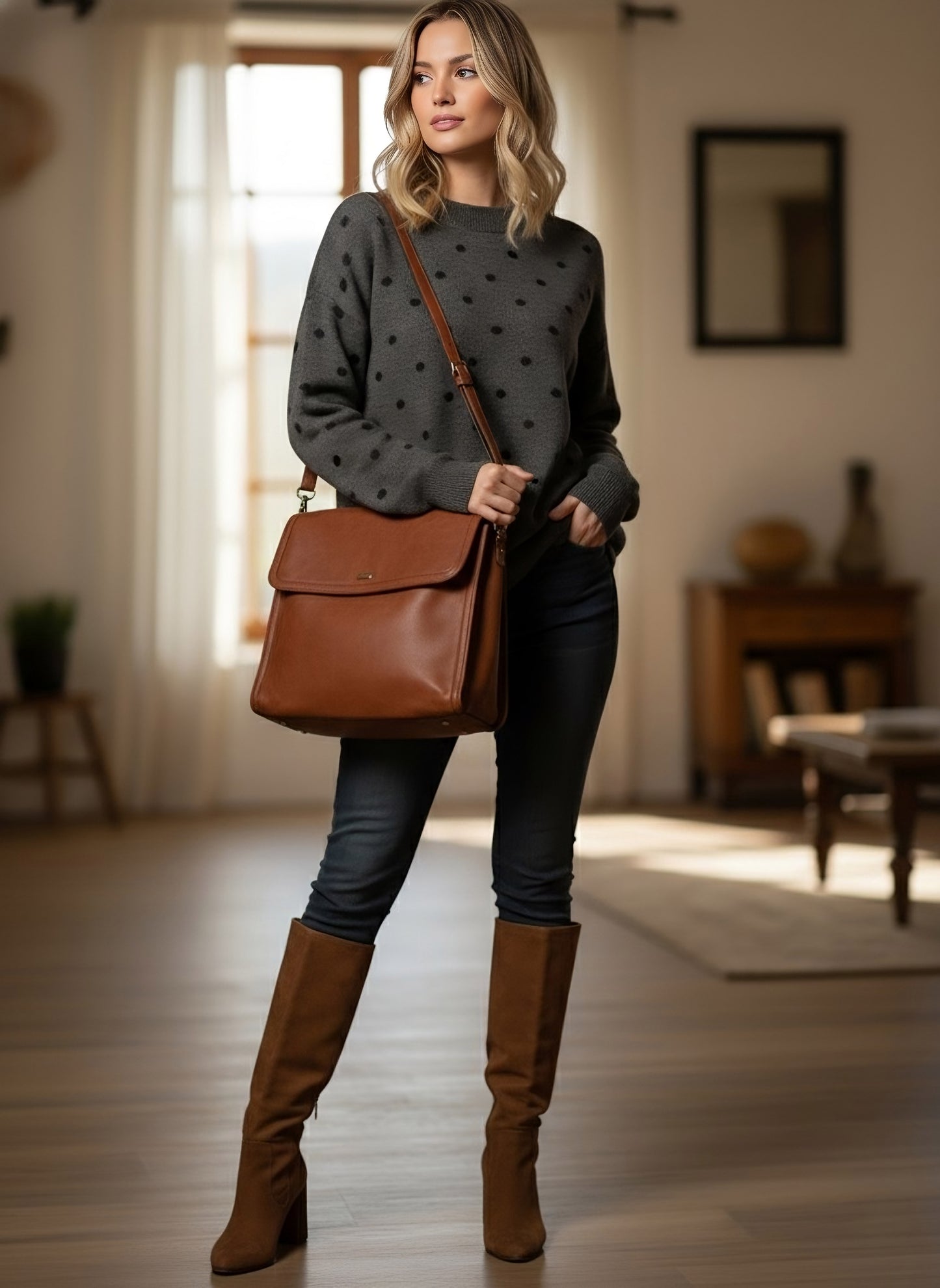 Berrylush Women Charcoal Grey & Black Polka Dot Printed Round Neck Ribbed Hem Regular Pullover