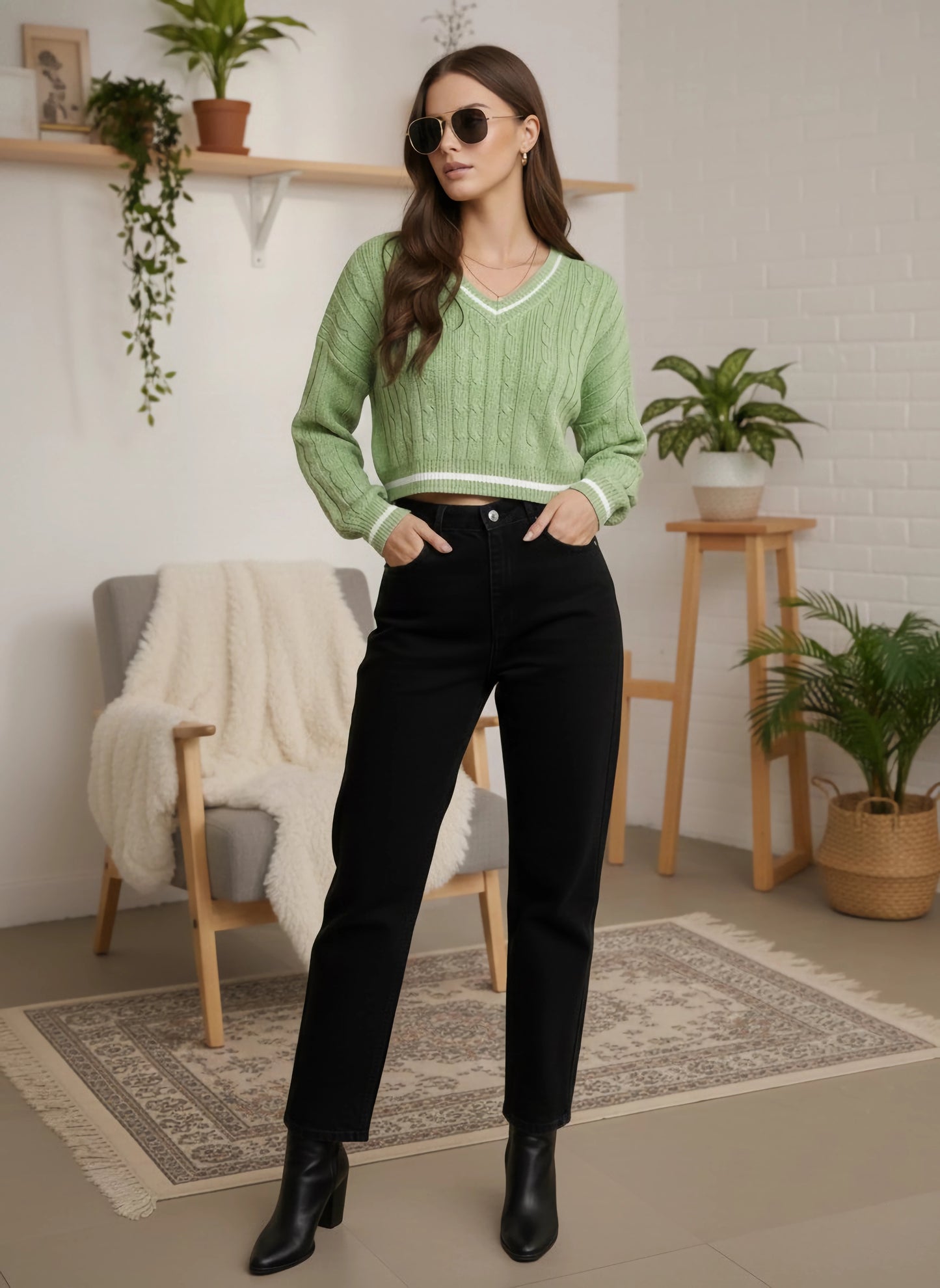 Berrylush Women Green Cable Knitted Pattern V-Neck Acrylic Straight Hem Cropped Pullover