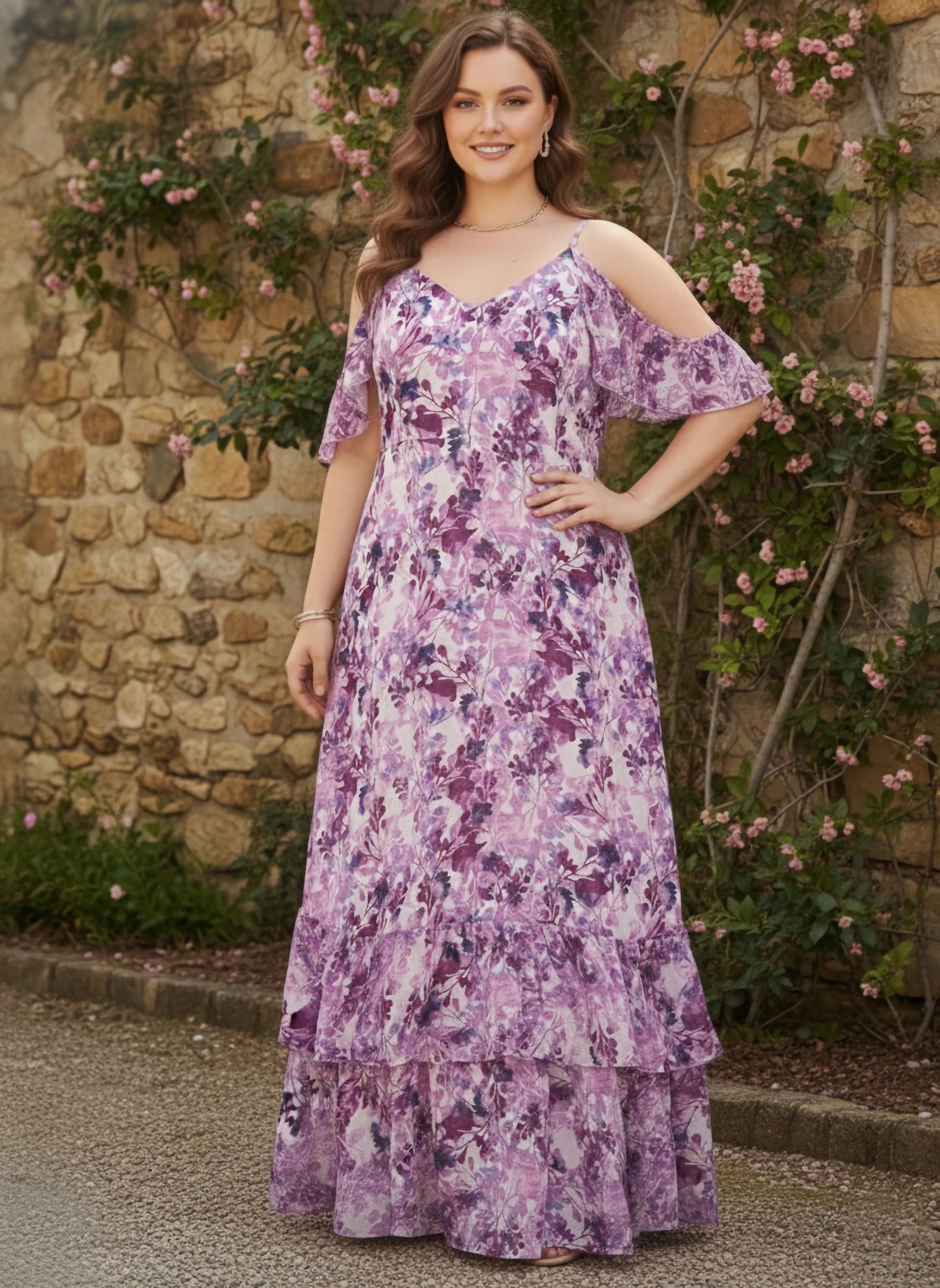 Women Plus Size White, Purple, & Navy Blue Floral Printed V-Neck  Cold-Shoulder Sleeve Backless Georgette Layered Maxi Dress