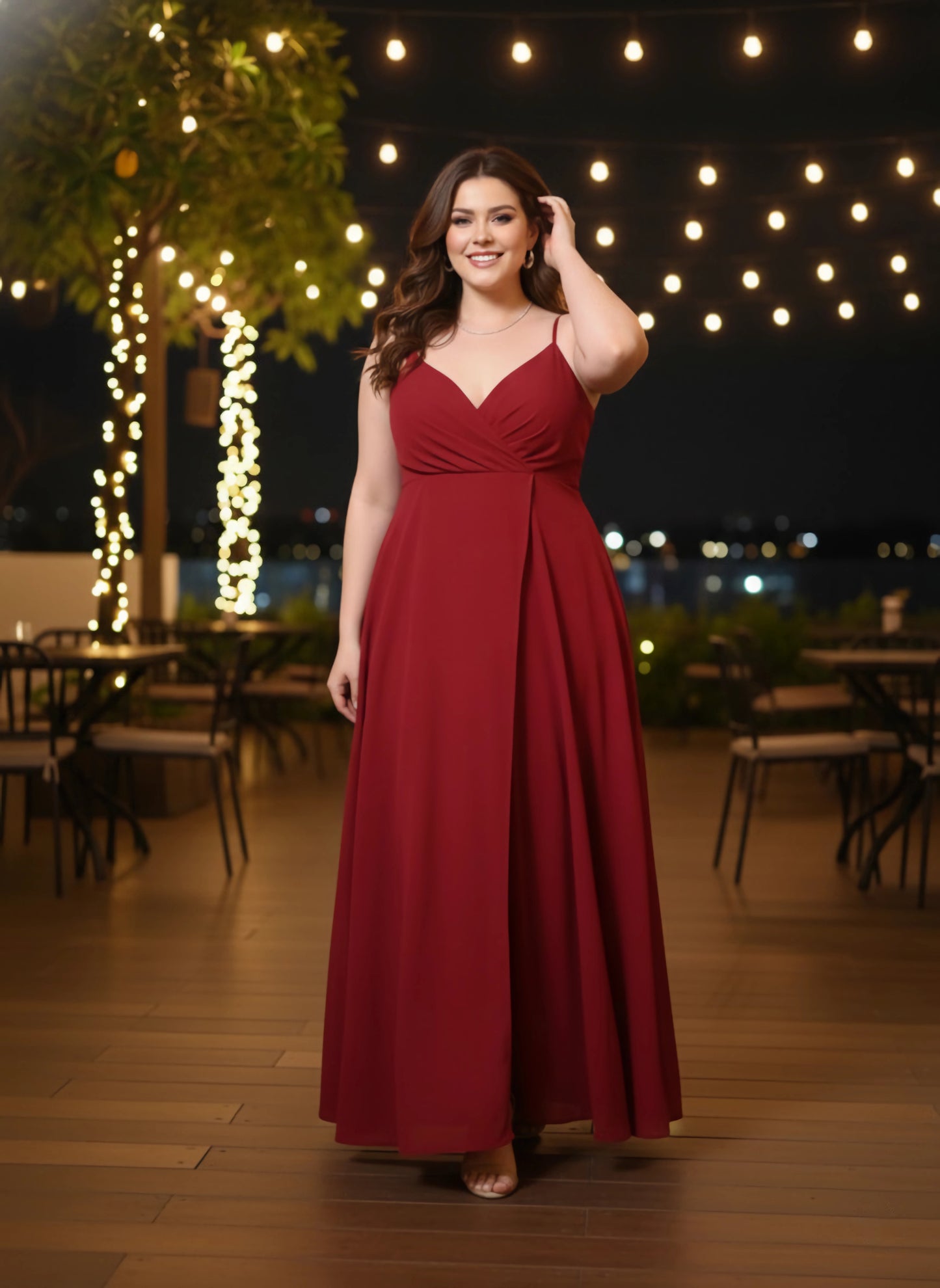 Berrylush Women Plus Size Solid Red V-Neck Sleeveless Crepe Thigh-High Slit Fit & Flare Maxi Dress