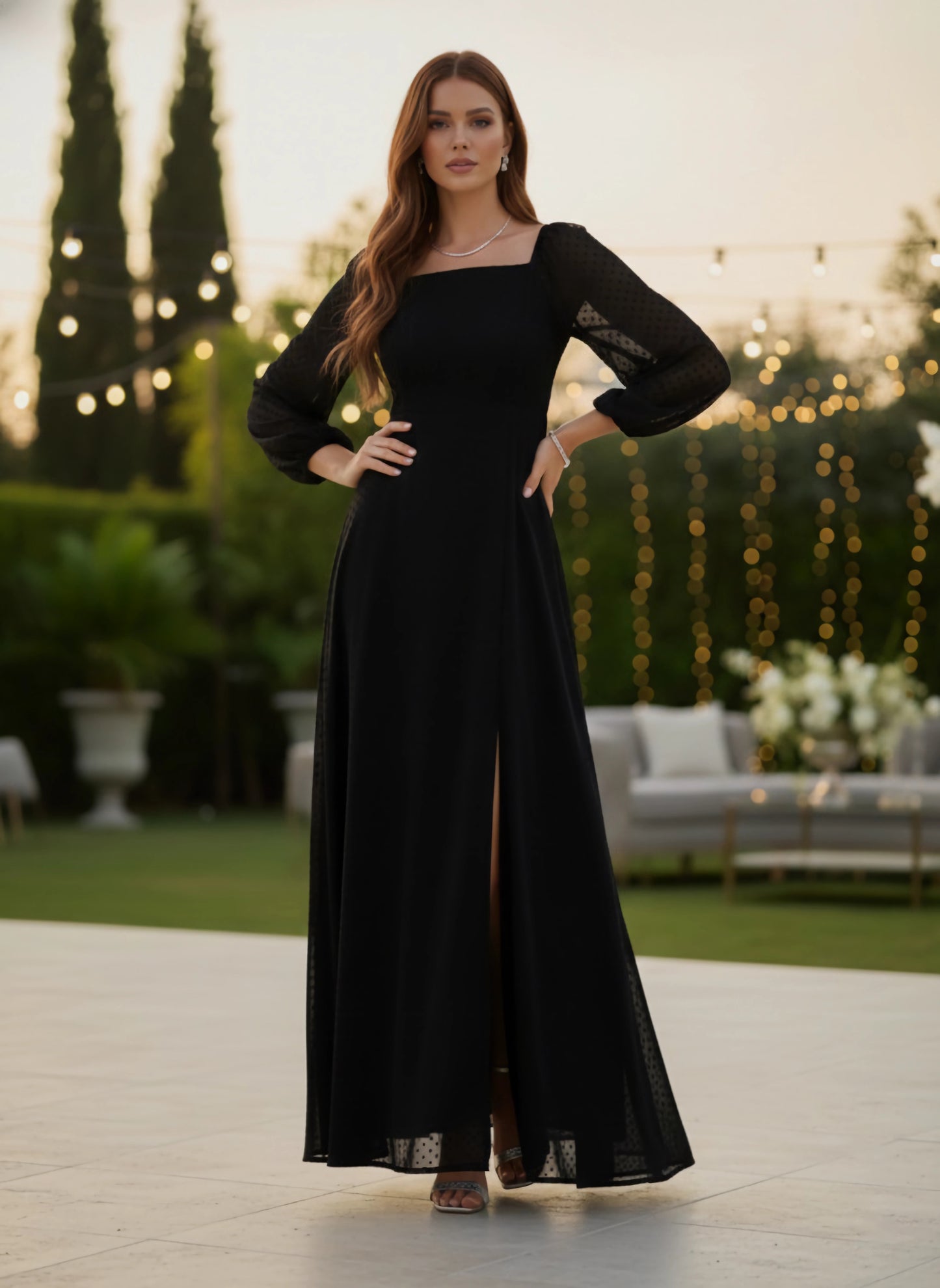 Solid Black Dobby Weave Square Neck Puff Sleeves Thigh-High Slit Flared Maxi Dress
