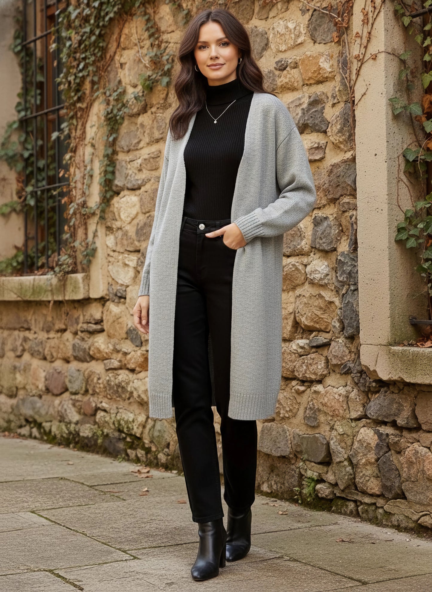 Berrylush Women Solid Grey V-Neck Drop-Shoulder Sleeves Open-Front Acrylic Straight Hem Knitted Longline Cardigan