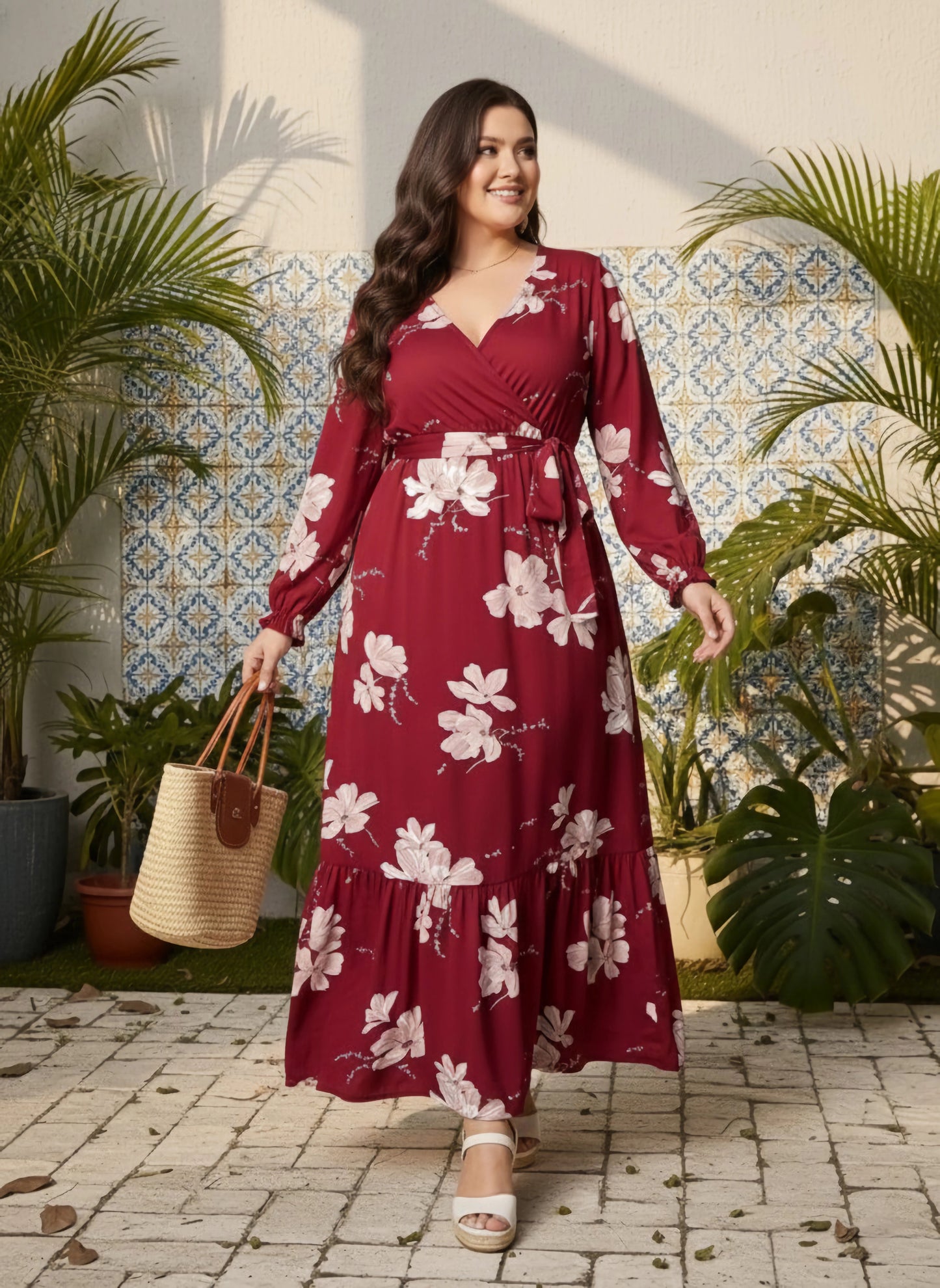 Berrylush Curve Women Maroon & Pink Floral Printed V-Neck Bishop Sleeves Waist Tie-Up Wrap Pleated Maxi Dress