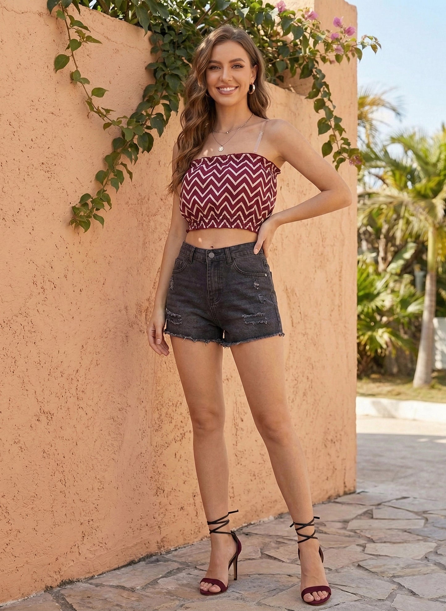 Berrylush Women Maroon & White Geometric Printed Strapless Neck Crepe Ruffled Tube Top