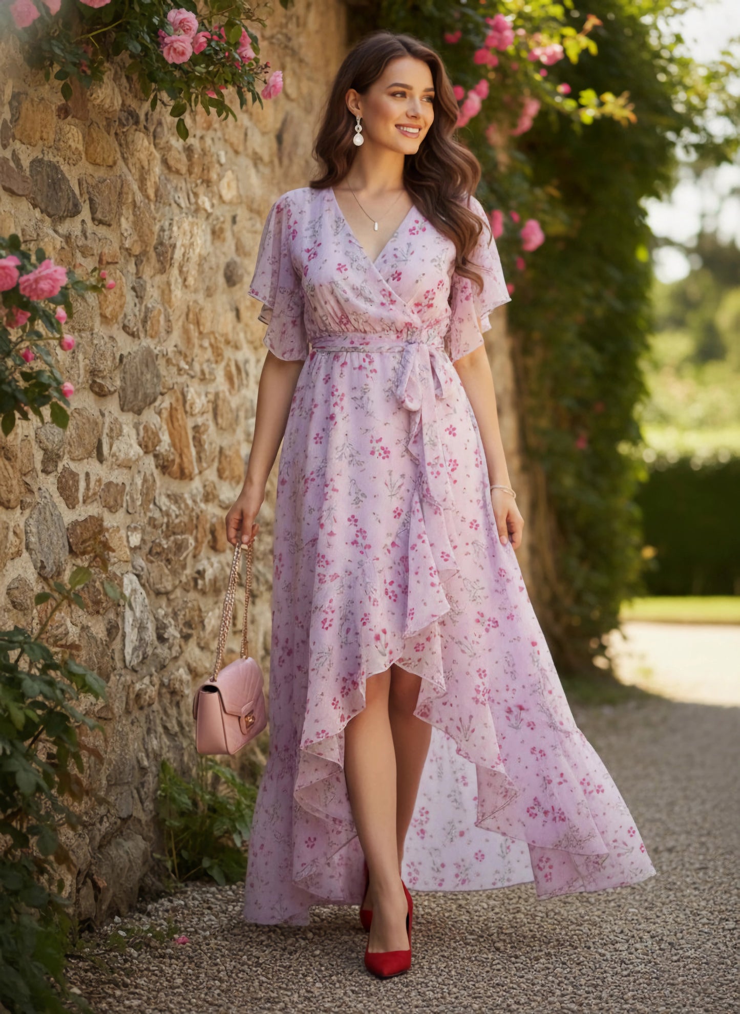 Berrylush Women Purple & Pink Floral Printed V-Neck Waist Tie-Up Crepe High-Low Hem Pleated Maxi Dress