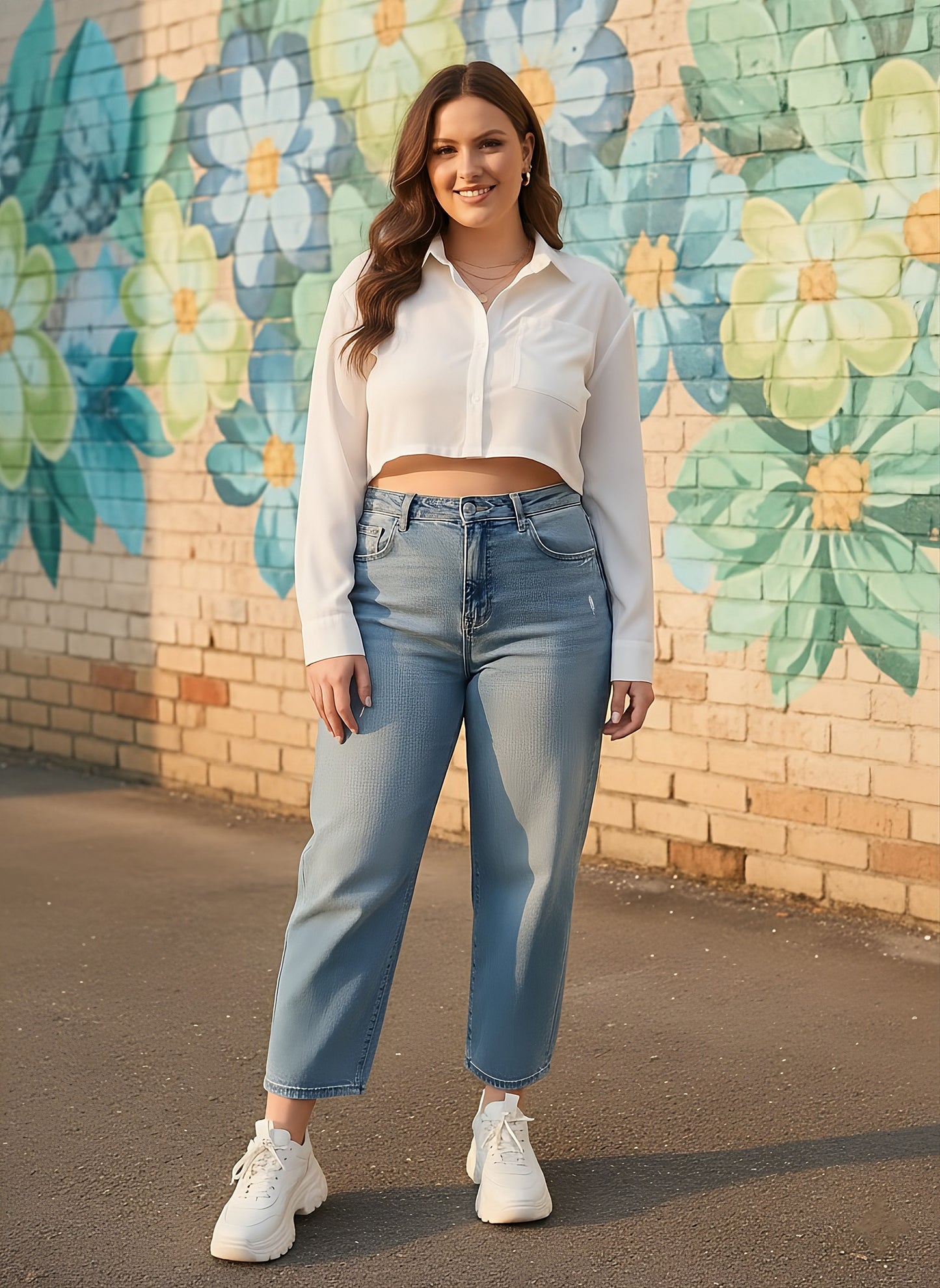 Berrylush Curve Women Solid White Spread Collar Neck Long Sleeves Front Button-Up Curved Crop Shirt