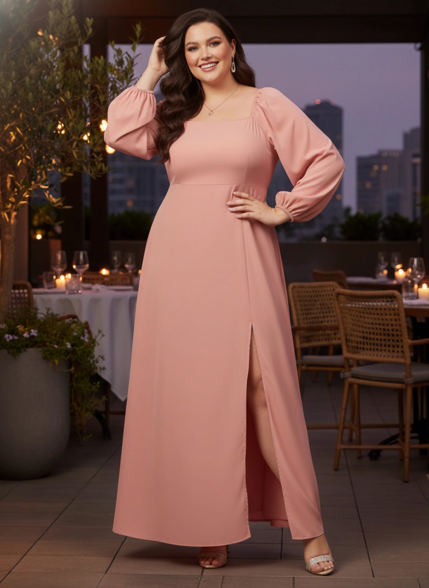 Berrylush Curve Women Solid Peach Square Neck Crepe Thigh-High Slit Flared A-Line Maxi Dress