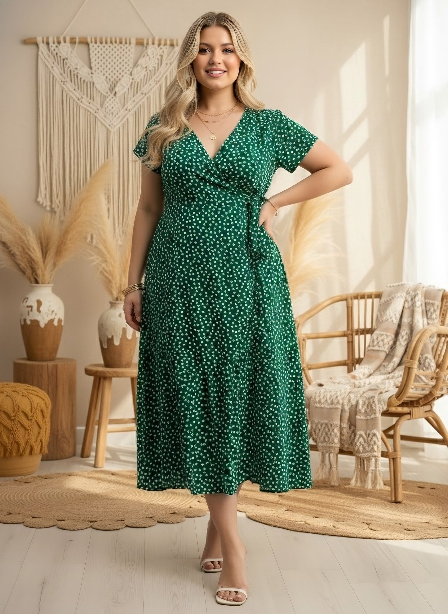 Berrylush Curve Women Green & White Floral Printed V-Neck Flutter Sleeve Waist Tie-Up Straight Hem Wrap Midi Dress
