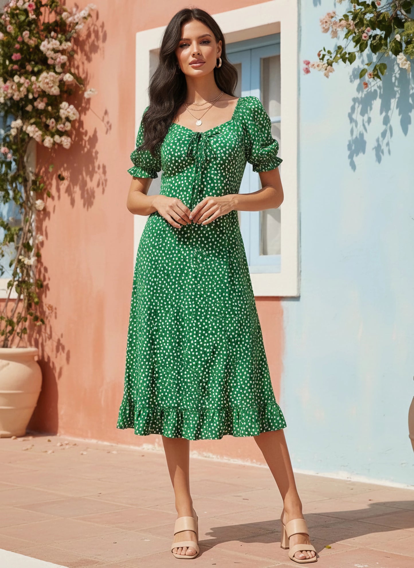 Berrylush Women Green & White Floral Printed Tie-Up Sweetheart Neck Ruffled A-Line Midi Dress