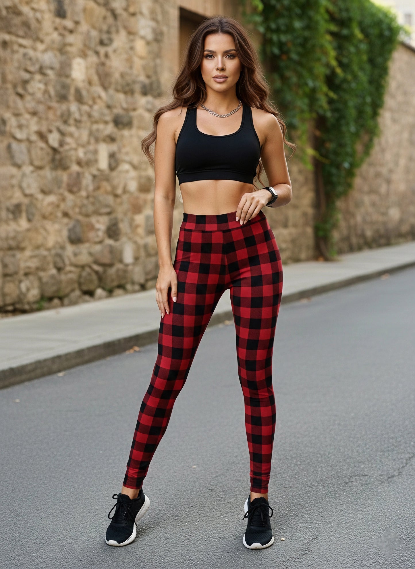 Berrylush Women Red & Black Check Printed Super Stretchy & High Waisted Sports Tights