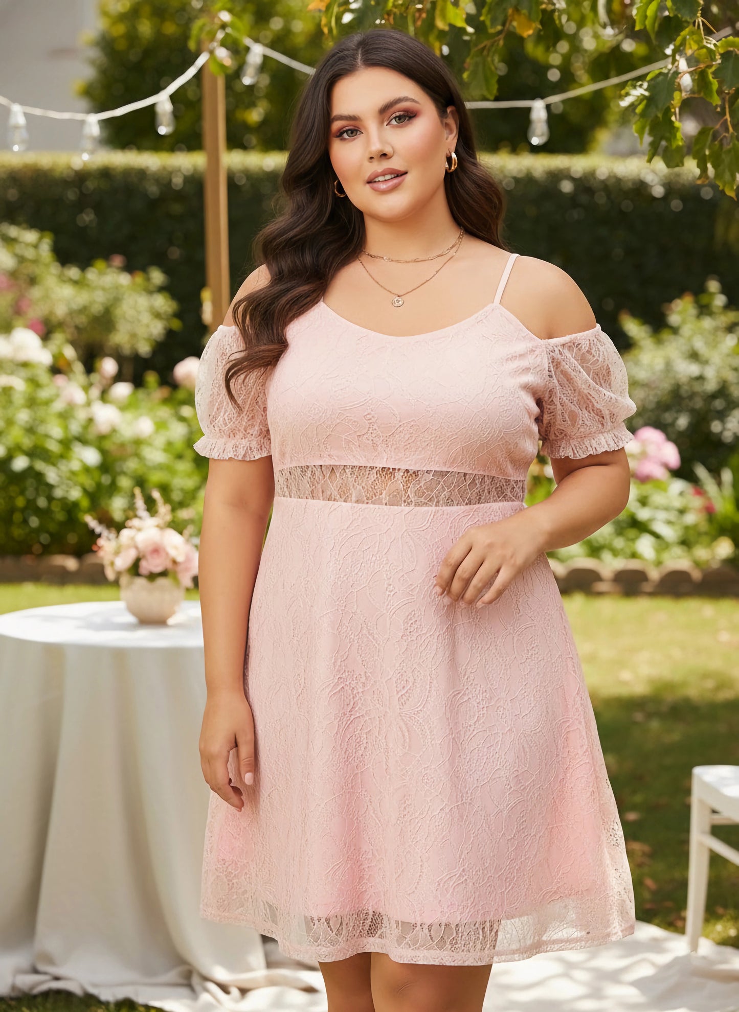 Curve Solid Pink Round Neck Cold-Shoulder Sleeves Lace Knitted Fit & Flare Mini Dress