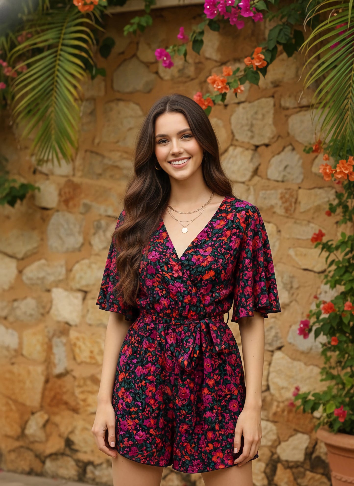 Berrylush Women Purple & Green Floral Printed V-Neck Two-Pocket Tie-Up Waist Mini Jumpsuit