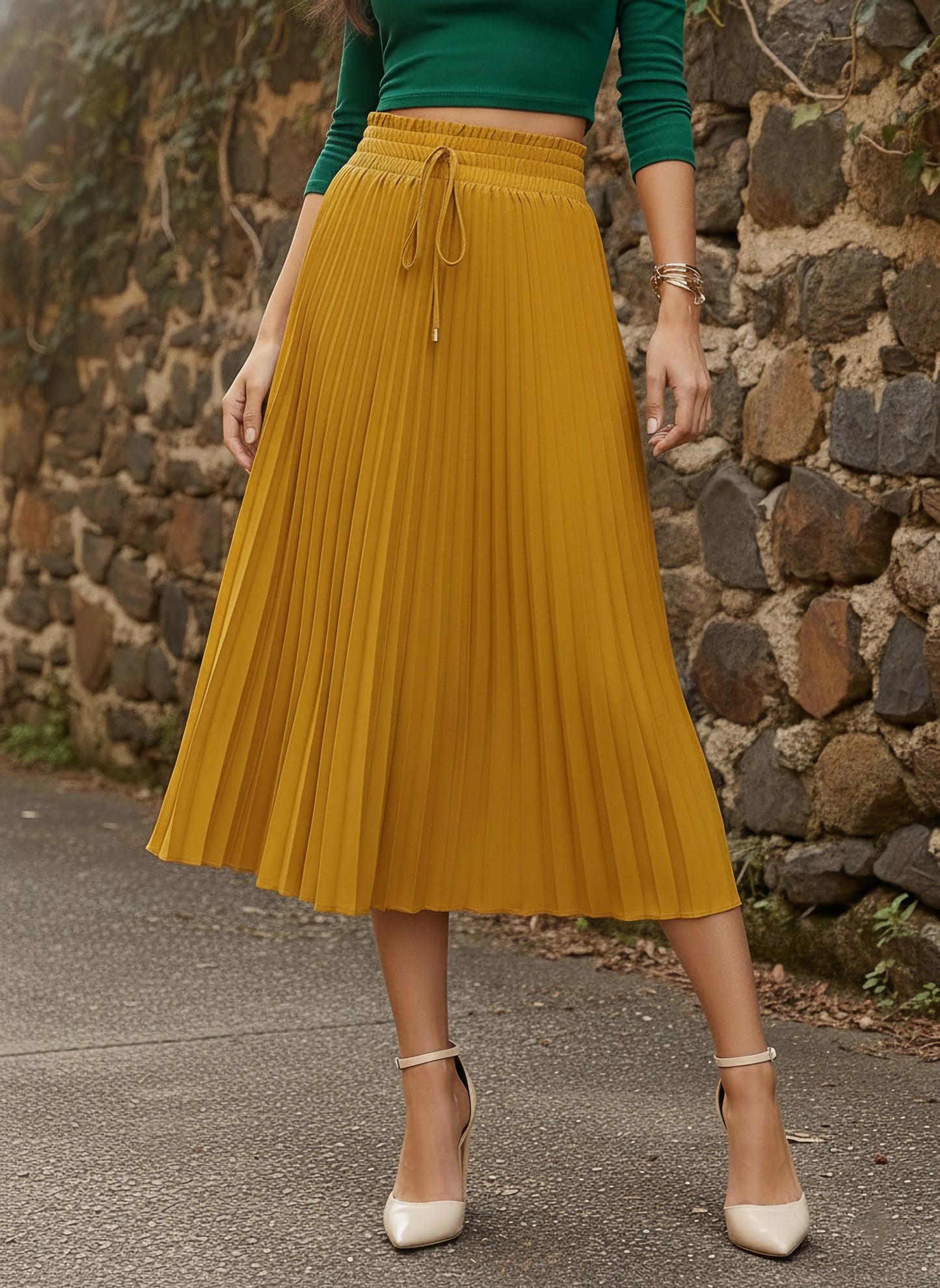 Solid Yellow High-Rise Elastic Waist Tie-Up Straight Hem Pleated Midi Skirt
