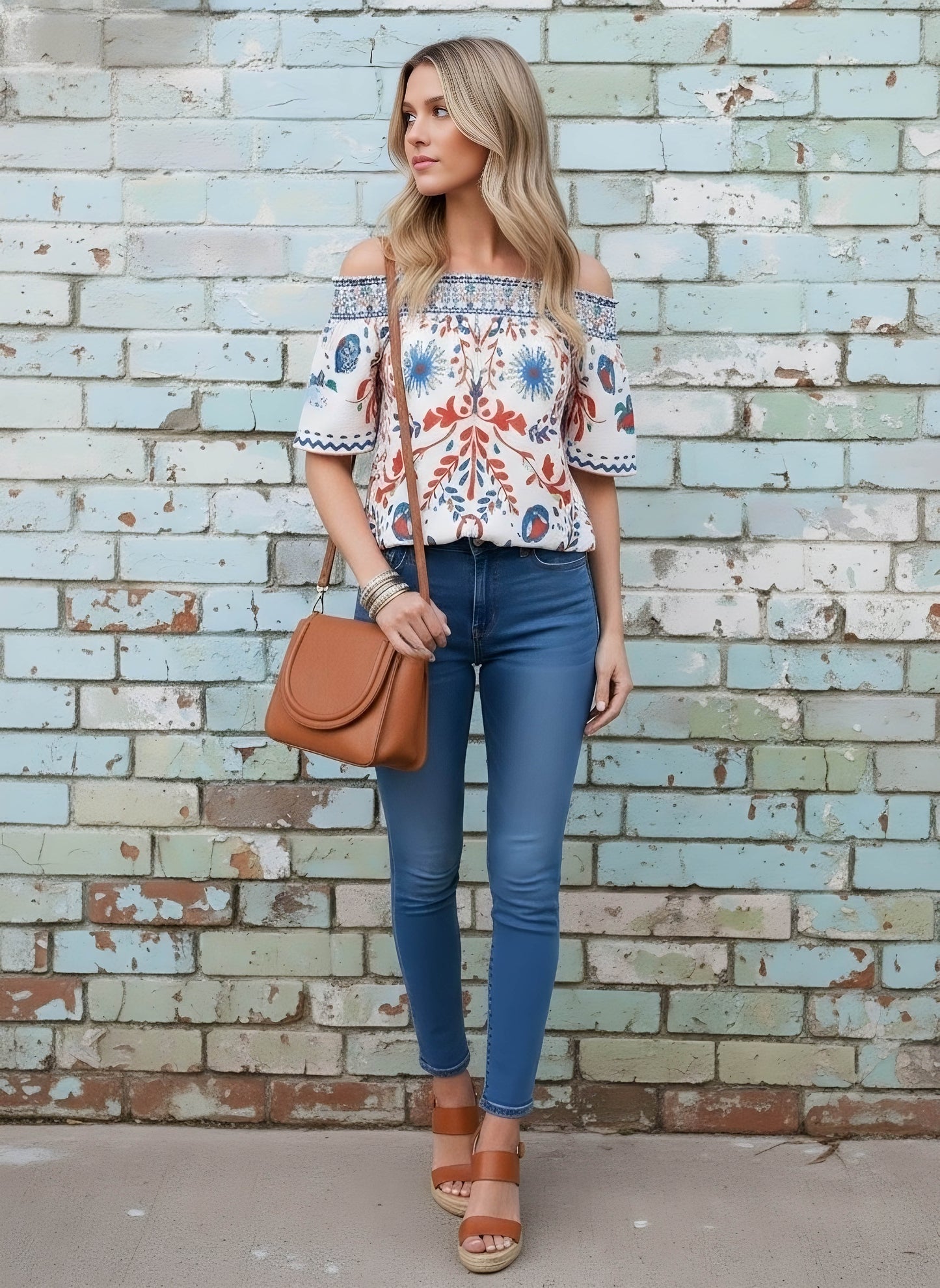 Berrylush Women White & Blue Tribal Printed Off-Shoulder Neck Crepe Regular Top