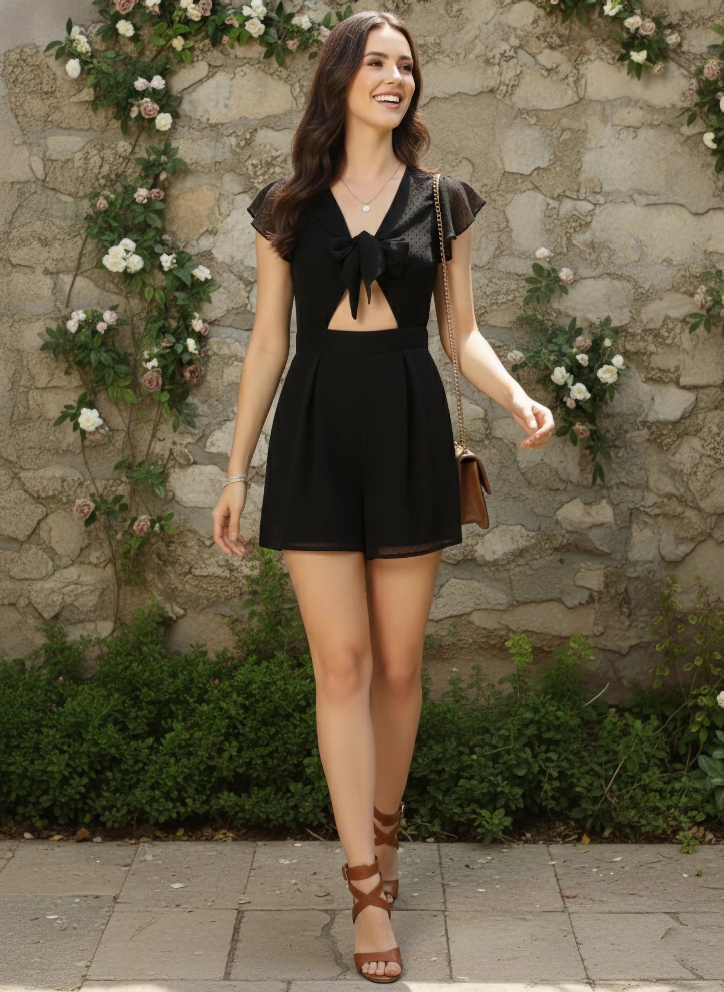 Berrylush Women Solid Black Dobby Weave V-Neck Front Tie-Up Cutout Mini Playsuit