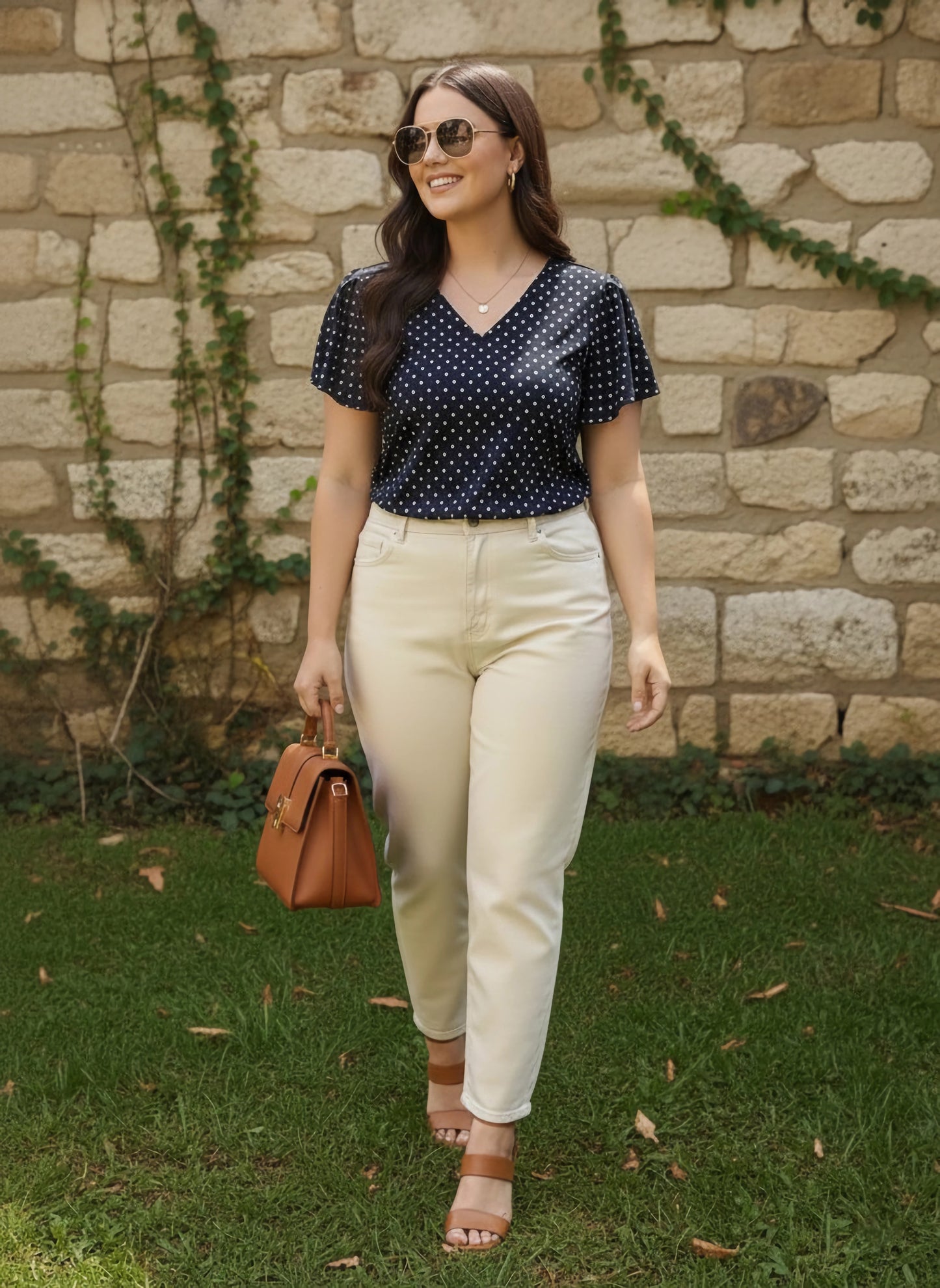 Berrylush Women Plus Size Navy Blue & White Polka Dot Printed V-Neck Flutter Sleeve Crepe Regular Top