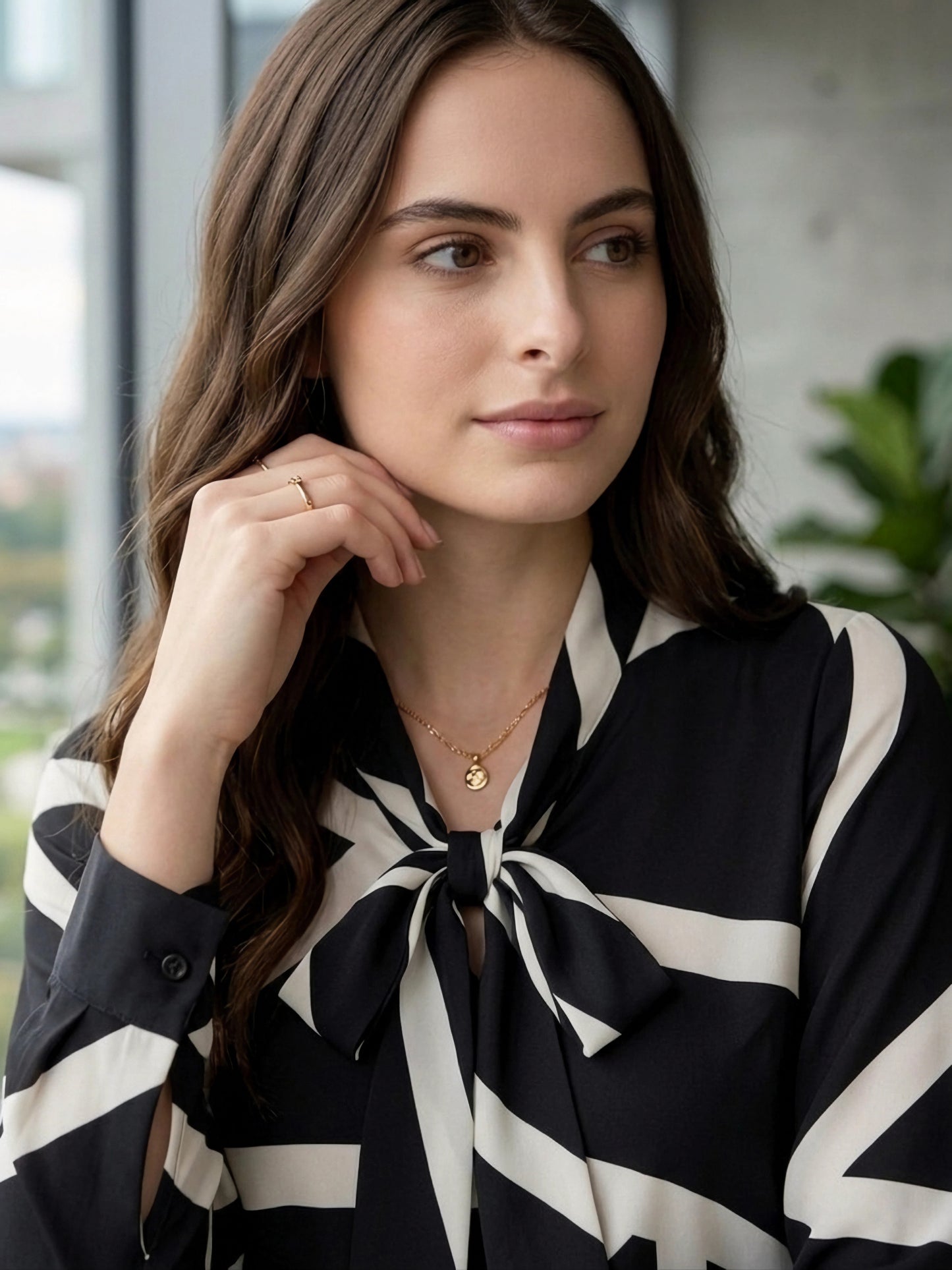 BIZwear Black & White Geometric Printed Tie-Up Neck Long Sleeves Regular Top