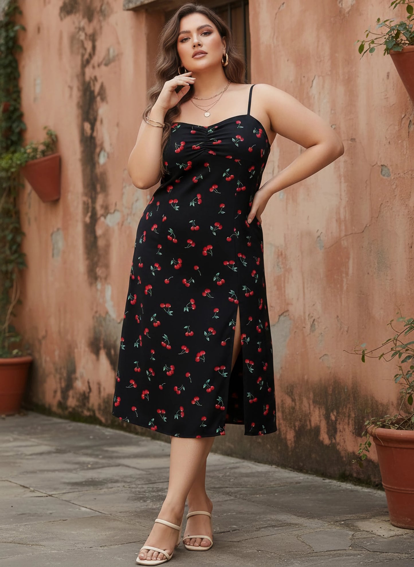 Berrylush Women Plus Size Navy Blue Cherry Printed Sweetheart Neck Ruched Sheath Midi Dress
