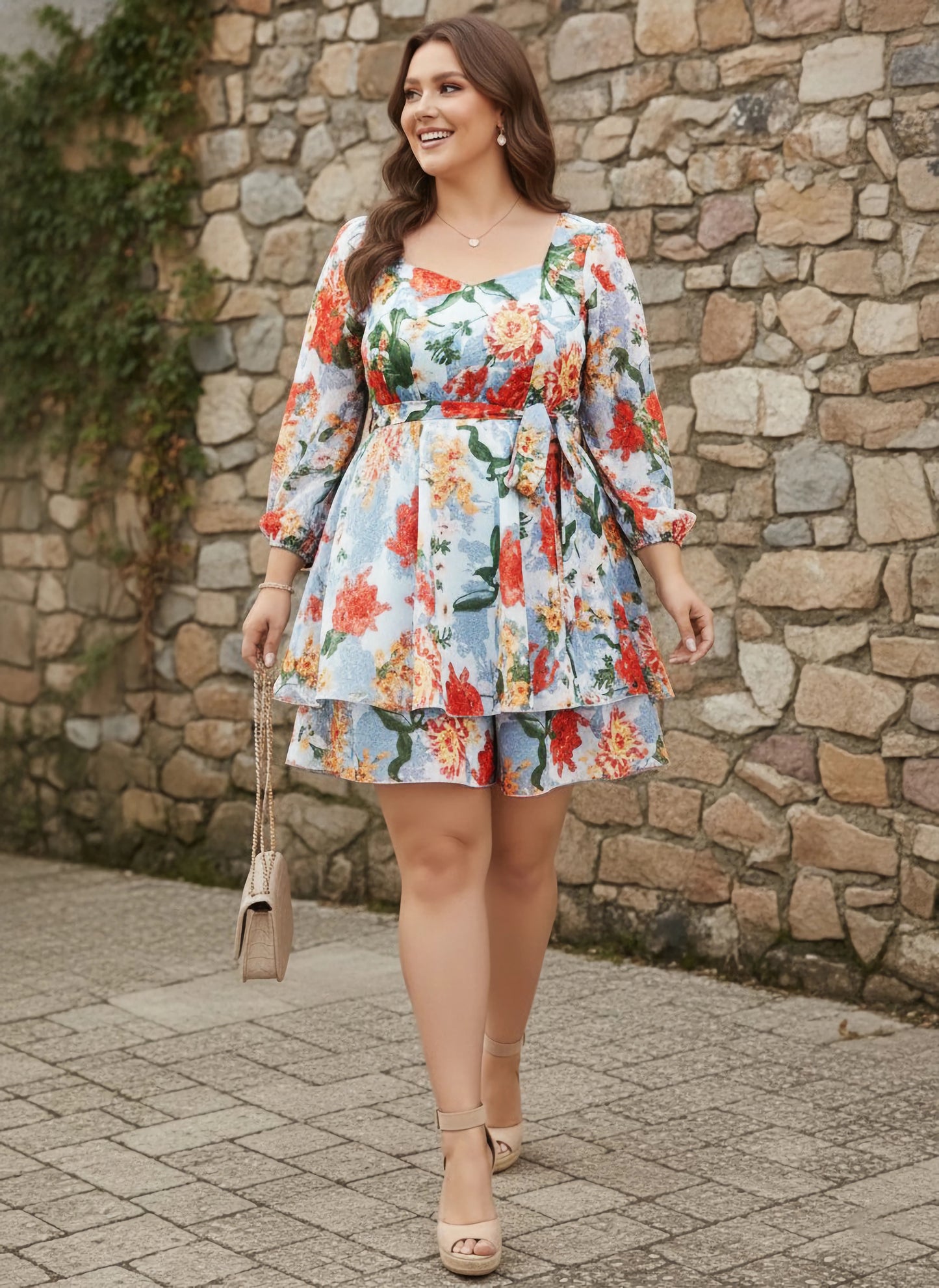 Plus Size Blue & Red Floral Printed Sweetheart Neck Tie-Up Waist Pleated Mini Jumpsuit