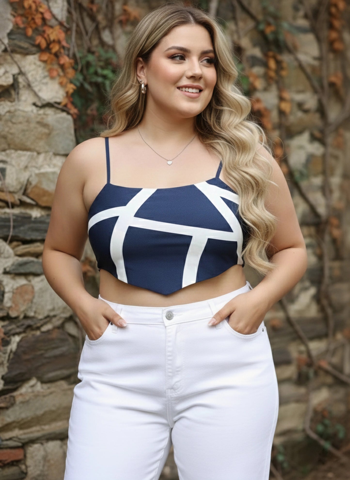 Plus Size Navy Blue & White Geometric Printed Square Neck Sleeveless Crepe Cropped Top