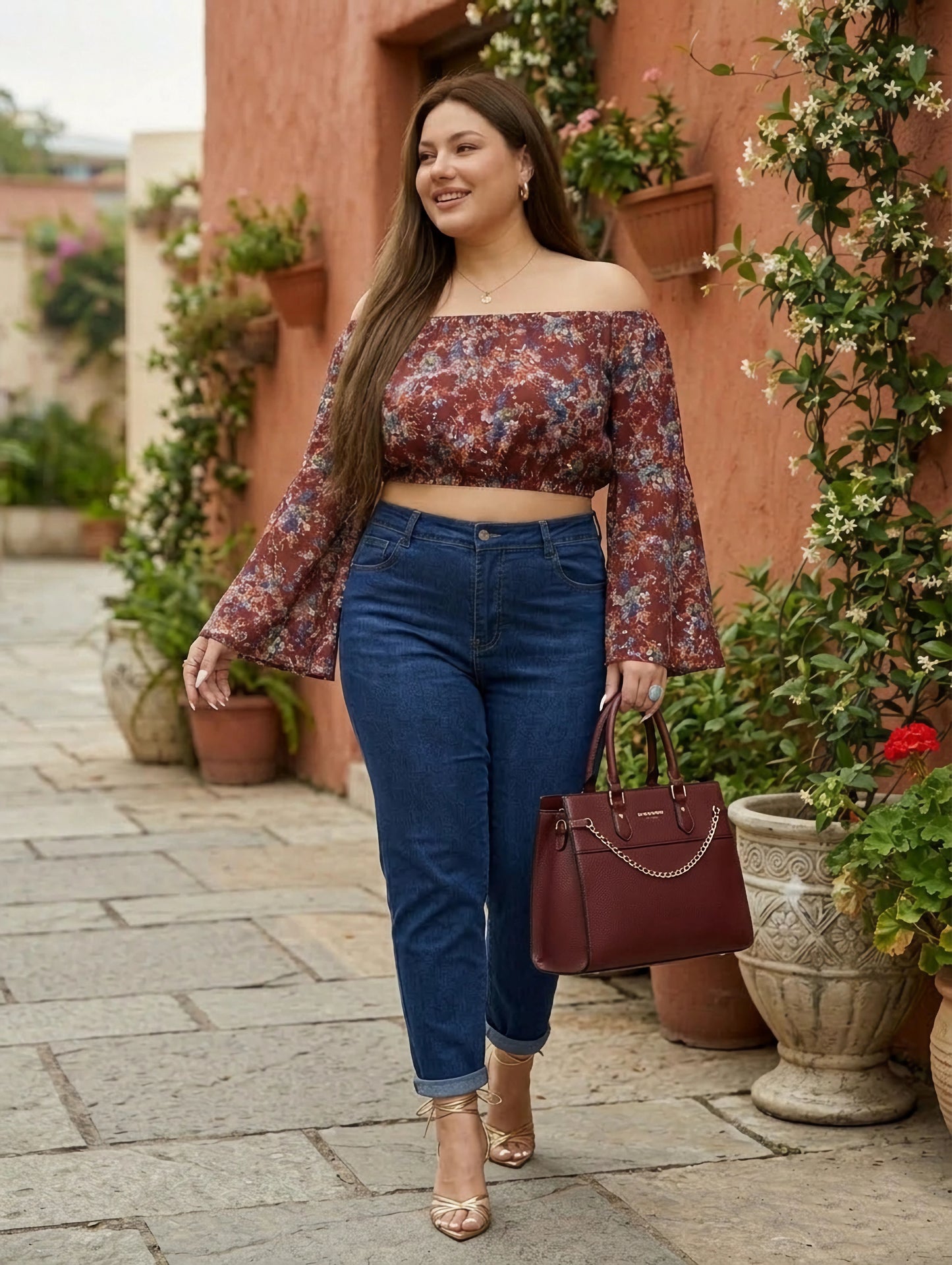 Maroon & White Floral Printed Off-Shoulder Neck Flared Sleeves Cropped Top