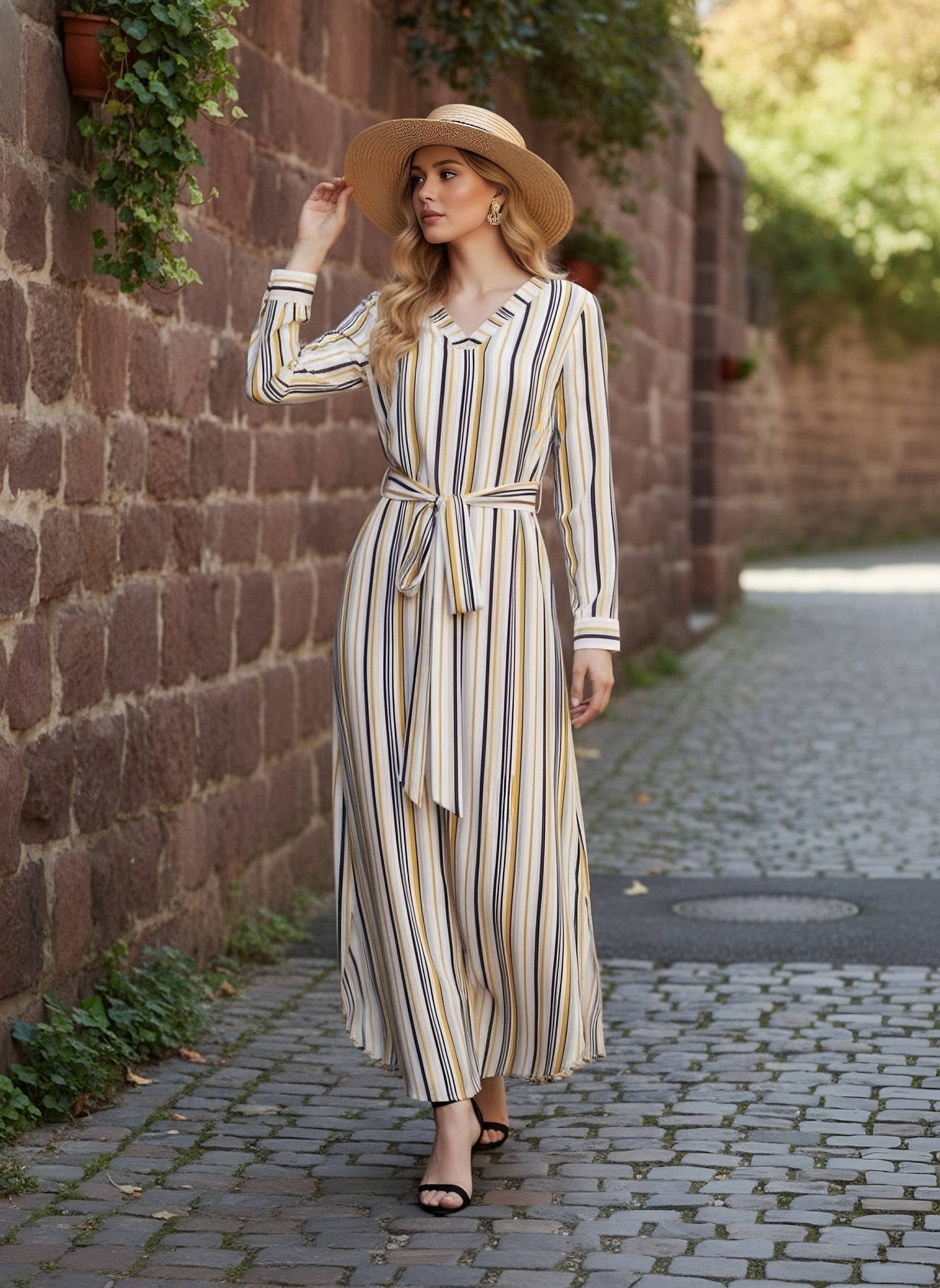 Berrylush Women Multicolour Striped Pattern V-Neck Waist Tie-Up Maxi Dress