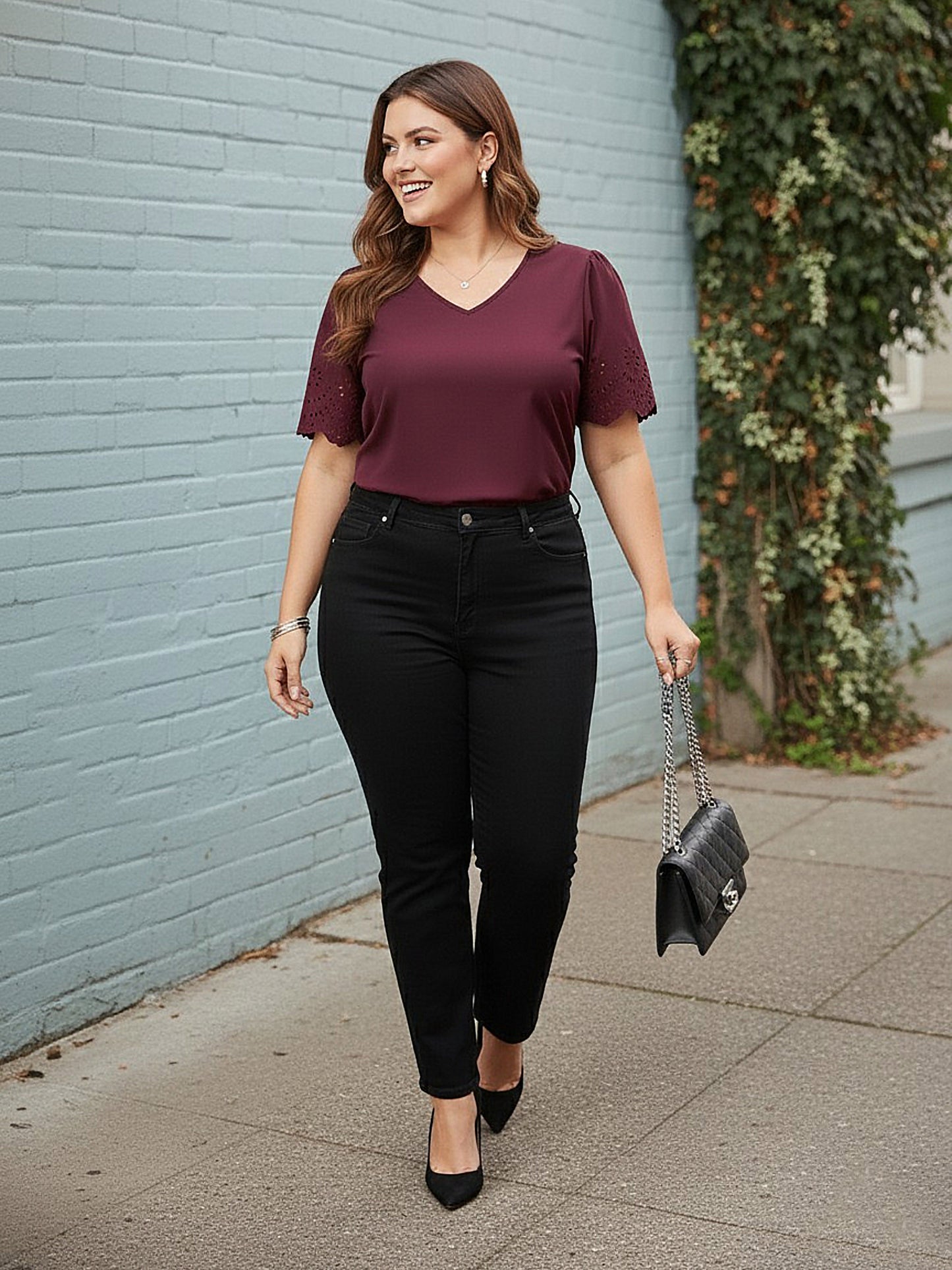 Curve Solid Maroon V-Neck Short Cutout Sleeves Woven Regular Top