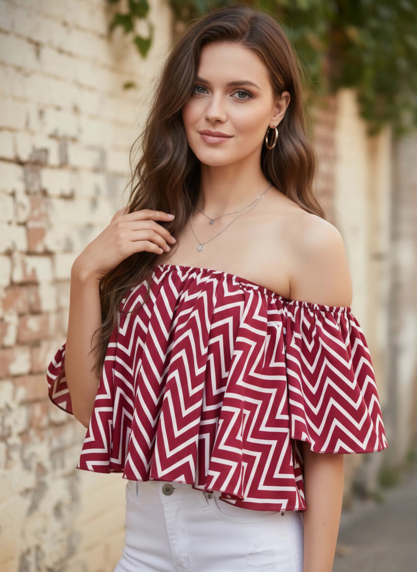 Berrylush Women Red & White Geometric Printed Off-Shoulder Neck Ruffled Crop Bardot Top