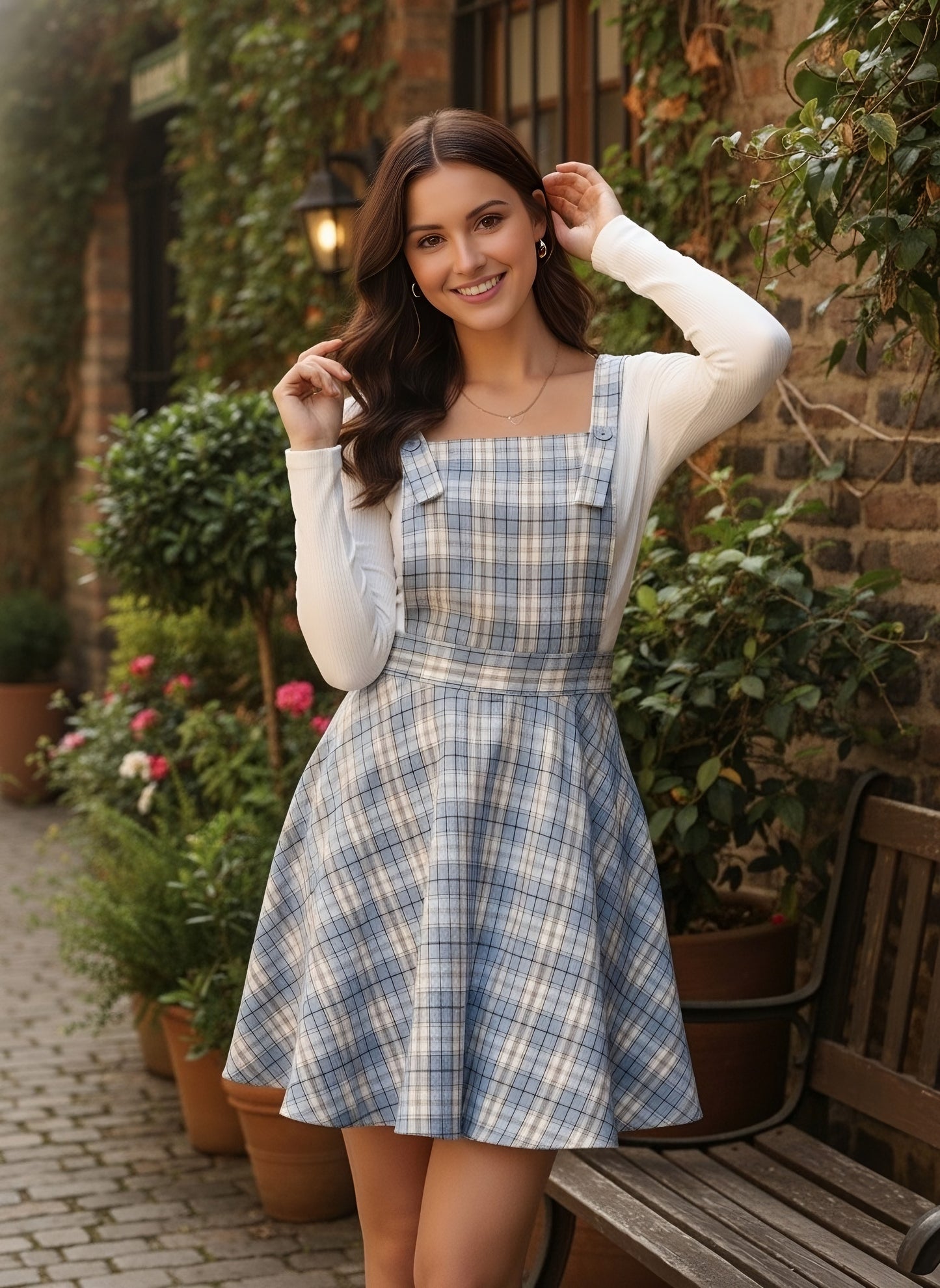 Berrylush Women Blue & White Checked Pattern Square Neck Crepe Button-Up Flared Pinafore Mini Dress