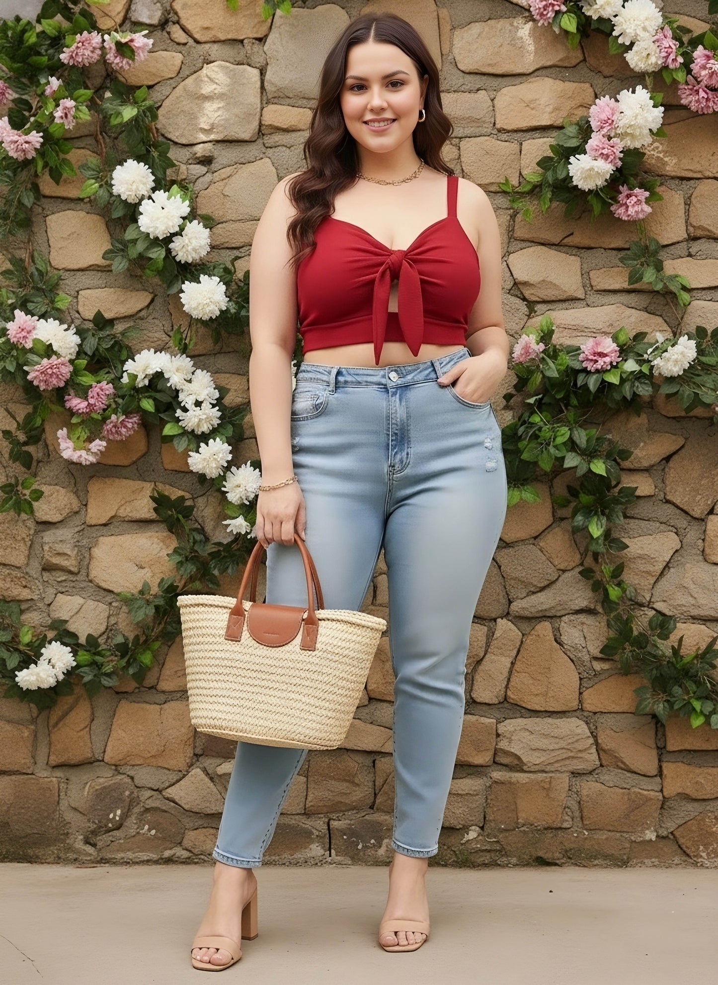 Berrylush Curve Women Red Solid Shoulder Straps Twist Knot Fitted Crop Top