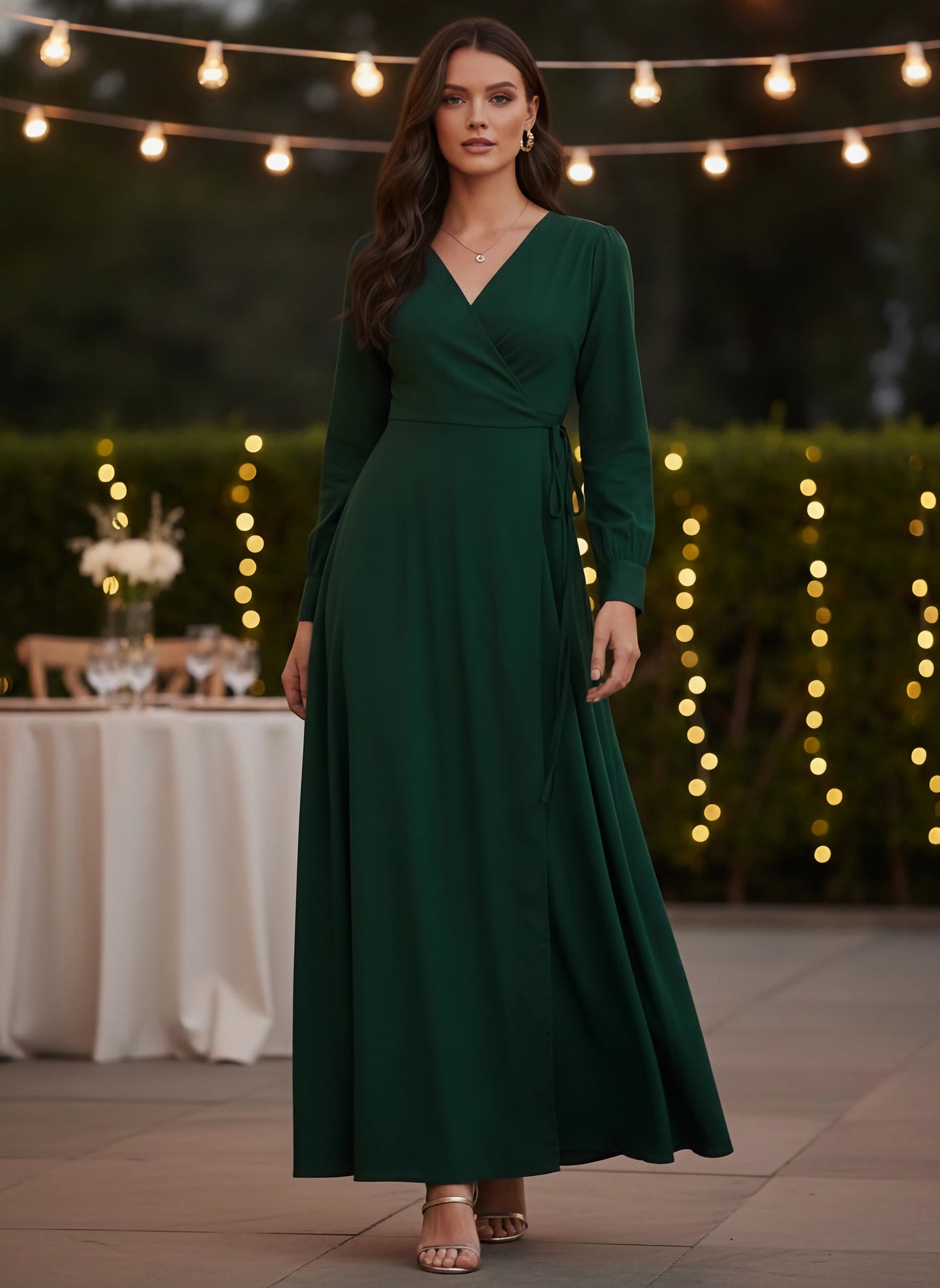 Berrylush Women Solid Dark Green V-Neck Tie-Up Wrap Maxi Dress