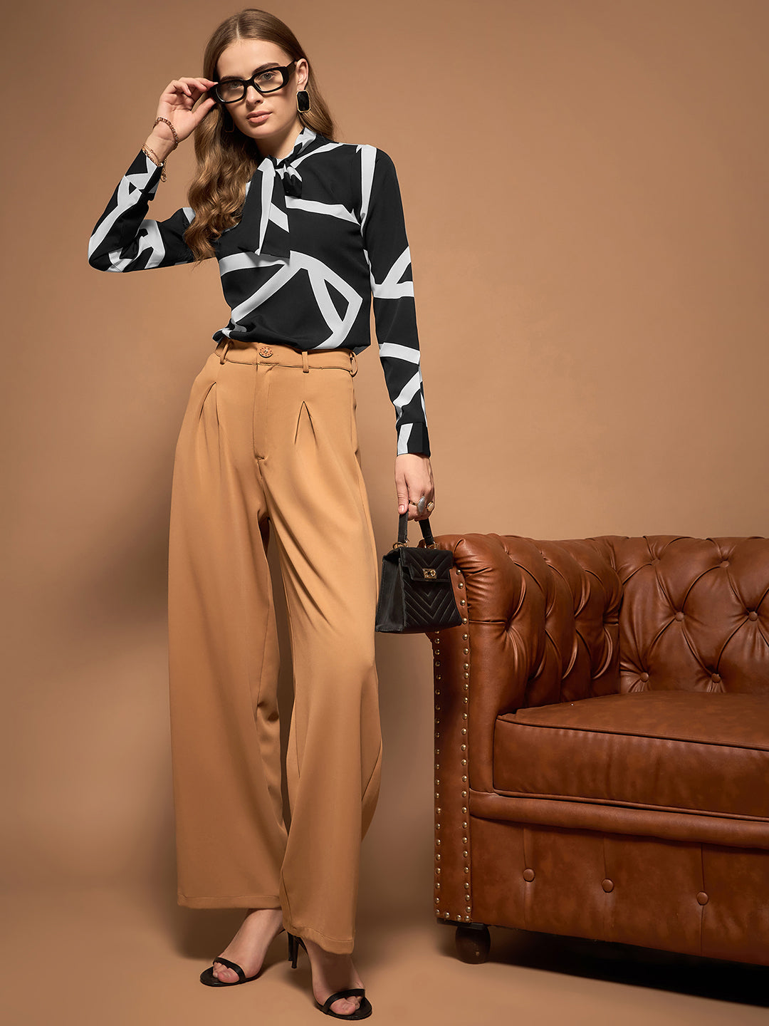 Berrylush BIZwear Women Black & White Geometric Printed Tie-Up Neck Long Sleeves Regular Top