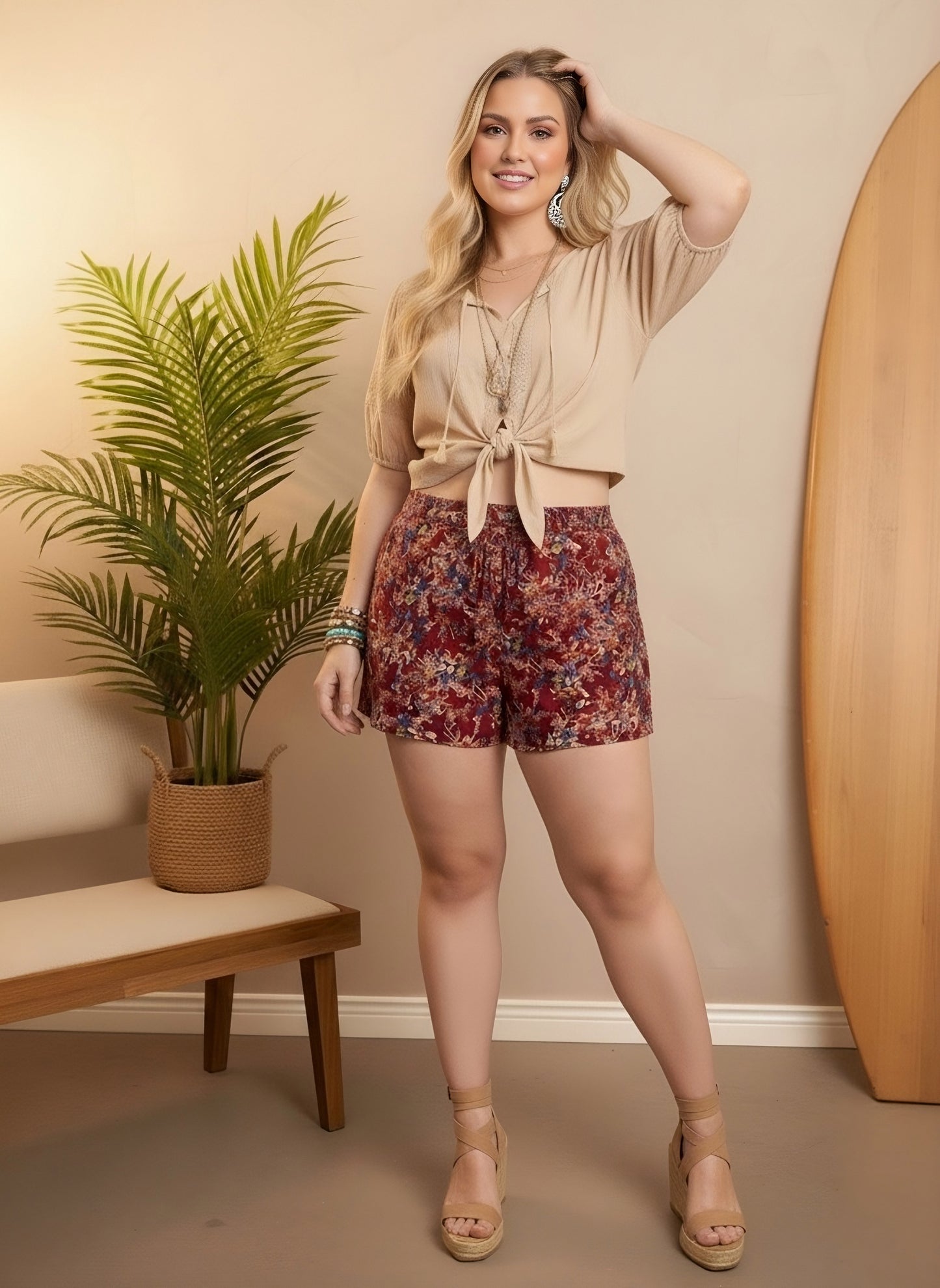 Berrylush Curve Maroon Floral Print High Rise Summer Hot Pants