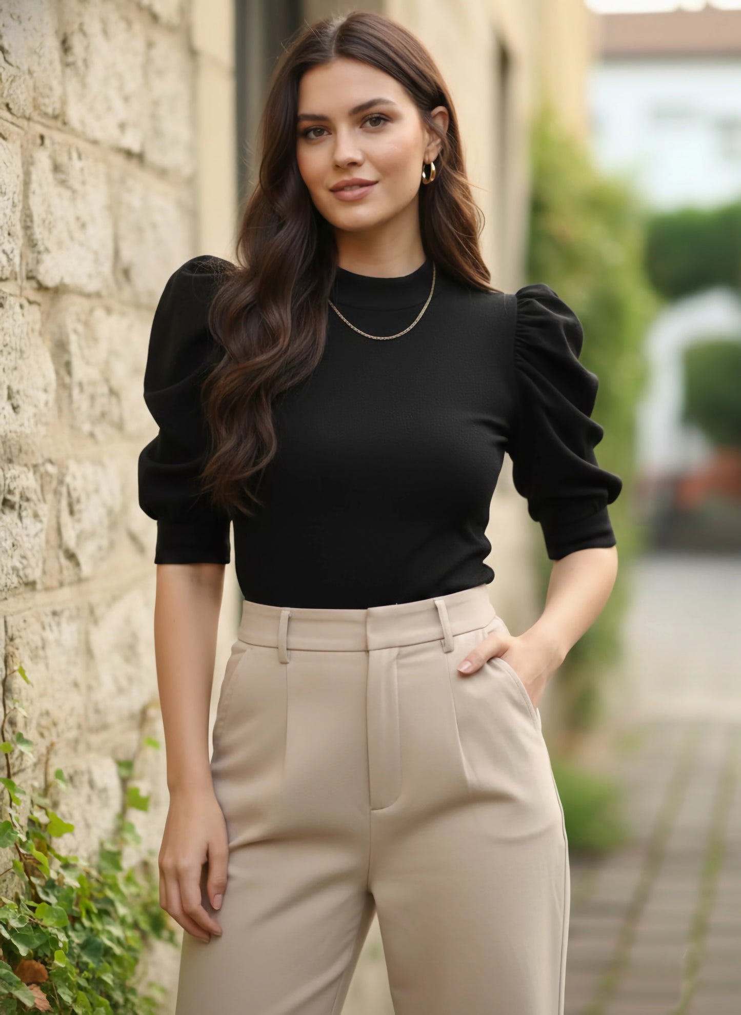 Berrylush Women Solid Black High-Neck Three-Quarter Sleeve Pleated Crepe Regular Top