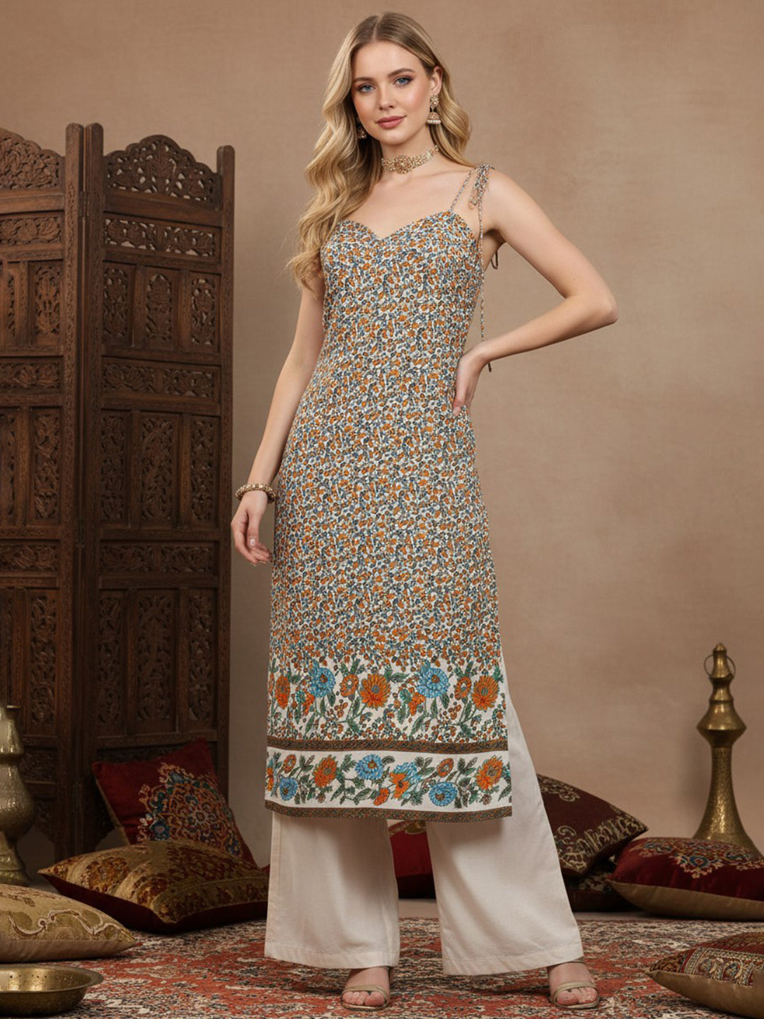 Berrylush Women White & Blue Floral Printed Sweetheart Neck Tie-Up Strap Straight Midi Kurta
