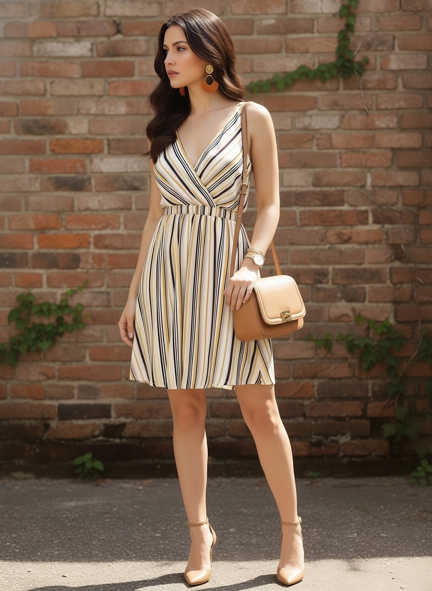 Berrylush Women White & Multicolour Stripe Printed V-Neck Open Back Straight Hem A-Line Mini Dress