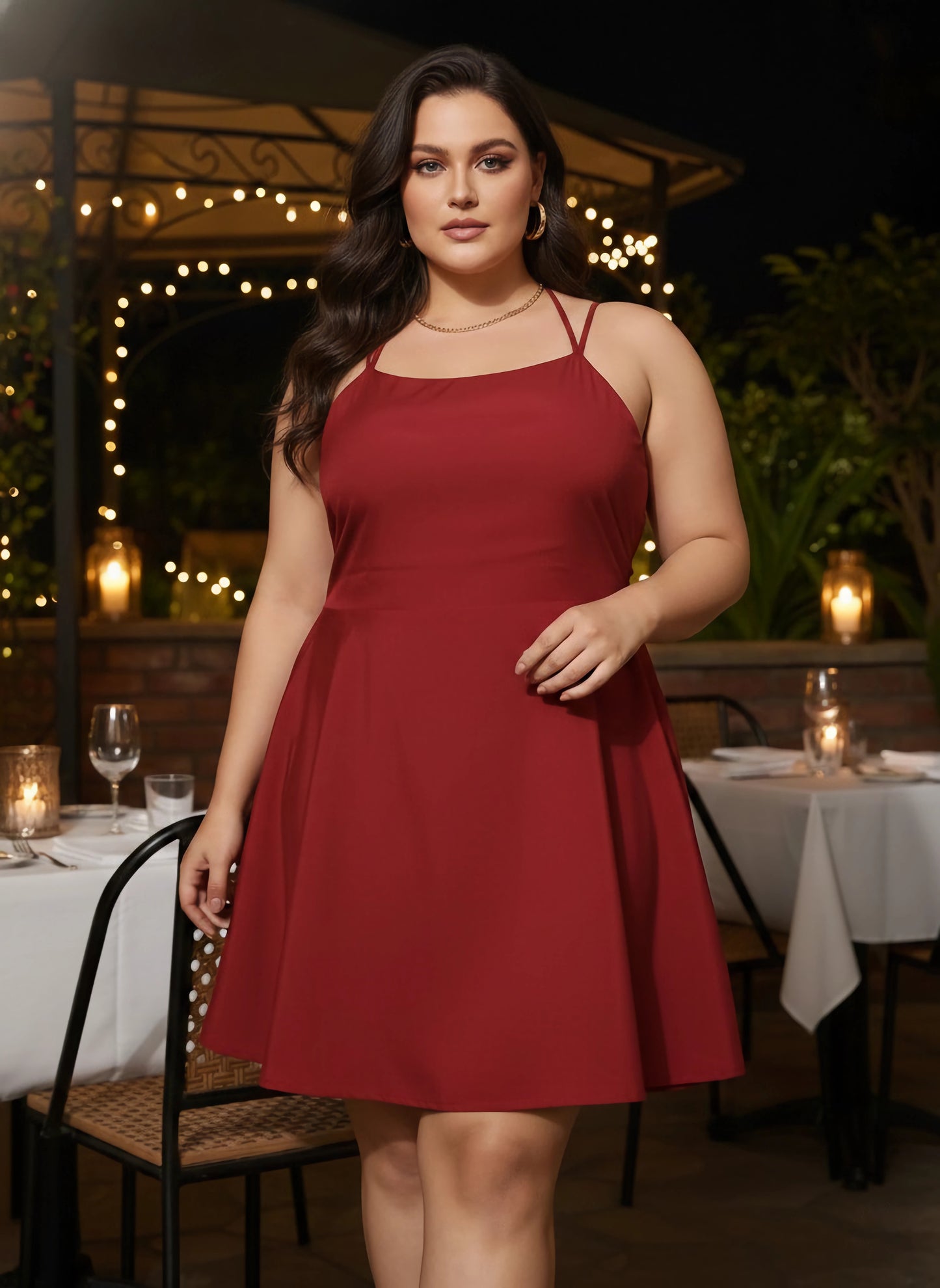 fitted lace wedding dress Women Plus Size Solid Red Square Neck Tie-Up Caged Back Crepe Fit & Flare  Mini Dress