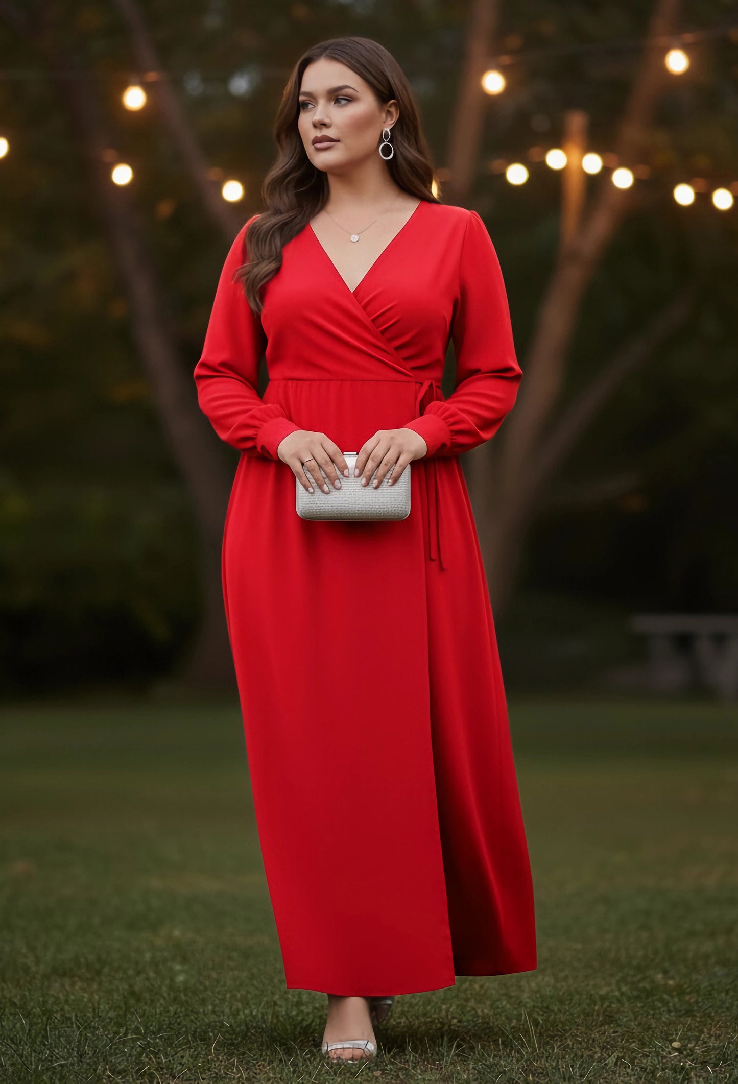 Berrylush Curve Women Solid Red V-Neck Cuff Sleeves Waist Tie-Up Pleated Maxi Dress