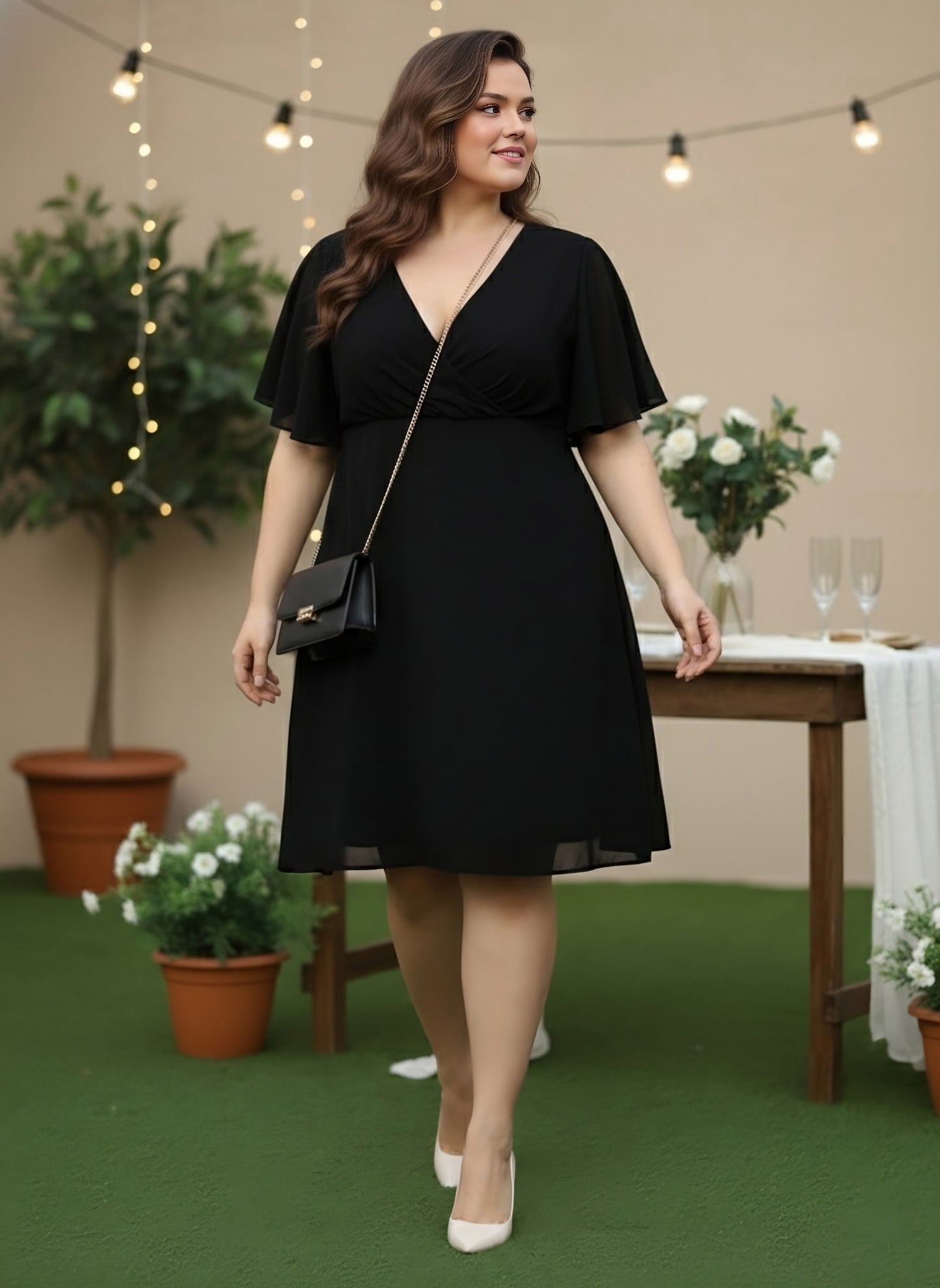 Berrylush Women Plus Size Solid Black V-Neck Flutter Sleeves Georgette Zipper-Up Flared Wrap Mini Dress