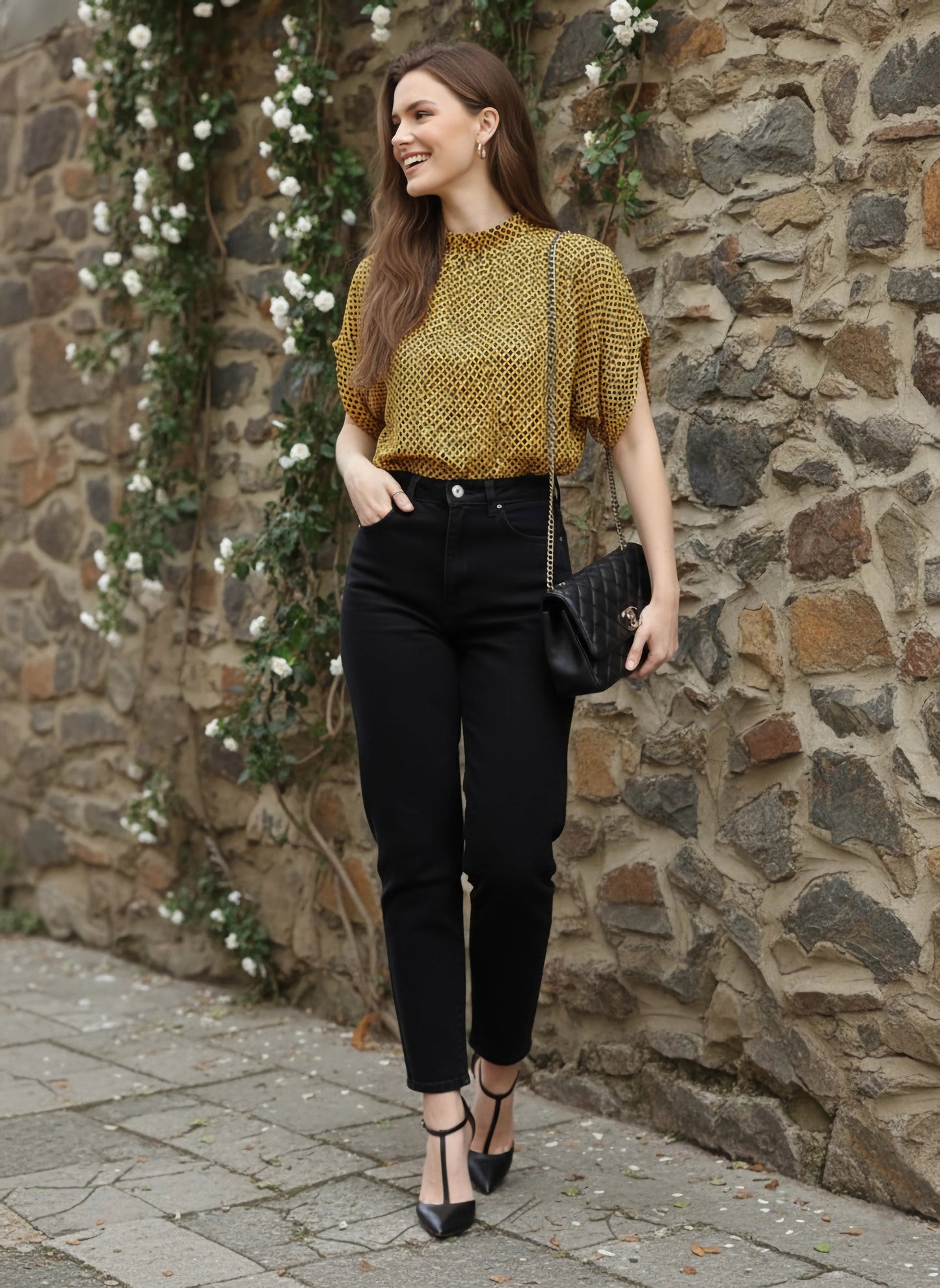 Berrylush Women Yellow & Black Animal Printed High Neck Tie-Up Back Extended Sleeve Regular Top